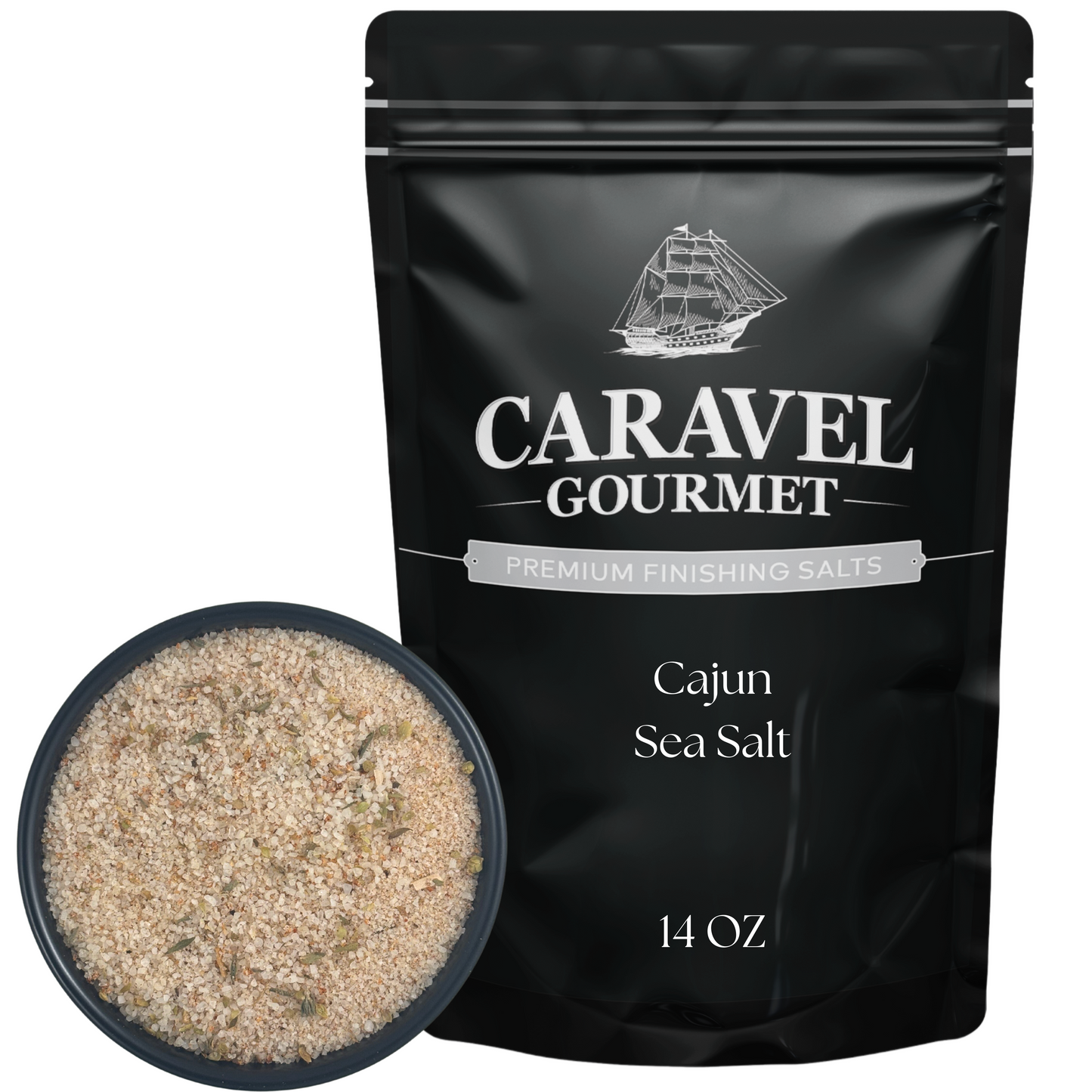 Cajun Sea Salt - 14 oz Pouch in a resealable black bag with a bowl of sea salt next to it.