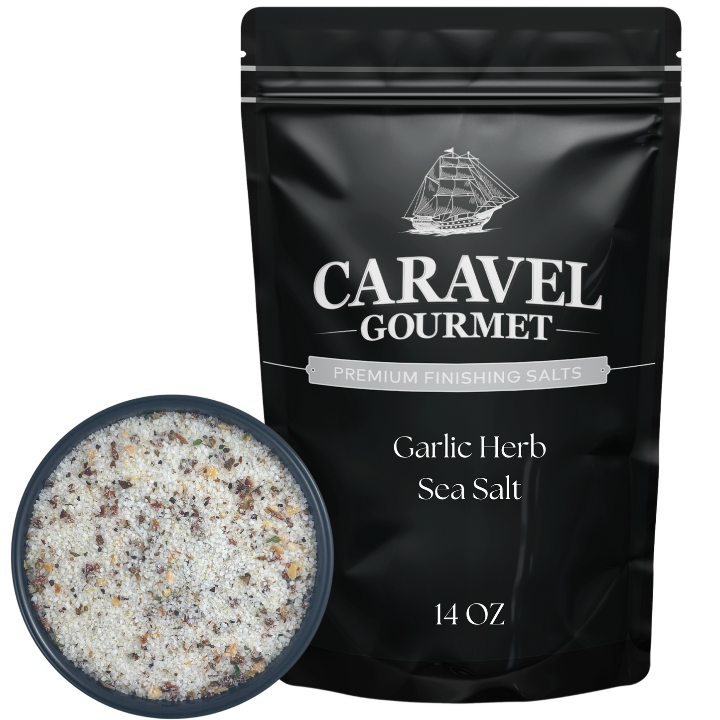 Garlic Herb Sea Salt - 14 oz Pouch with a textured seasoning blend and packaging, perfect for enhancing meals.