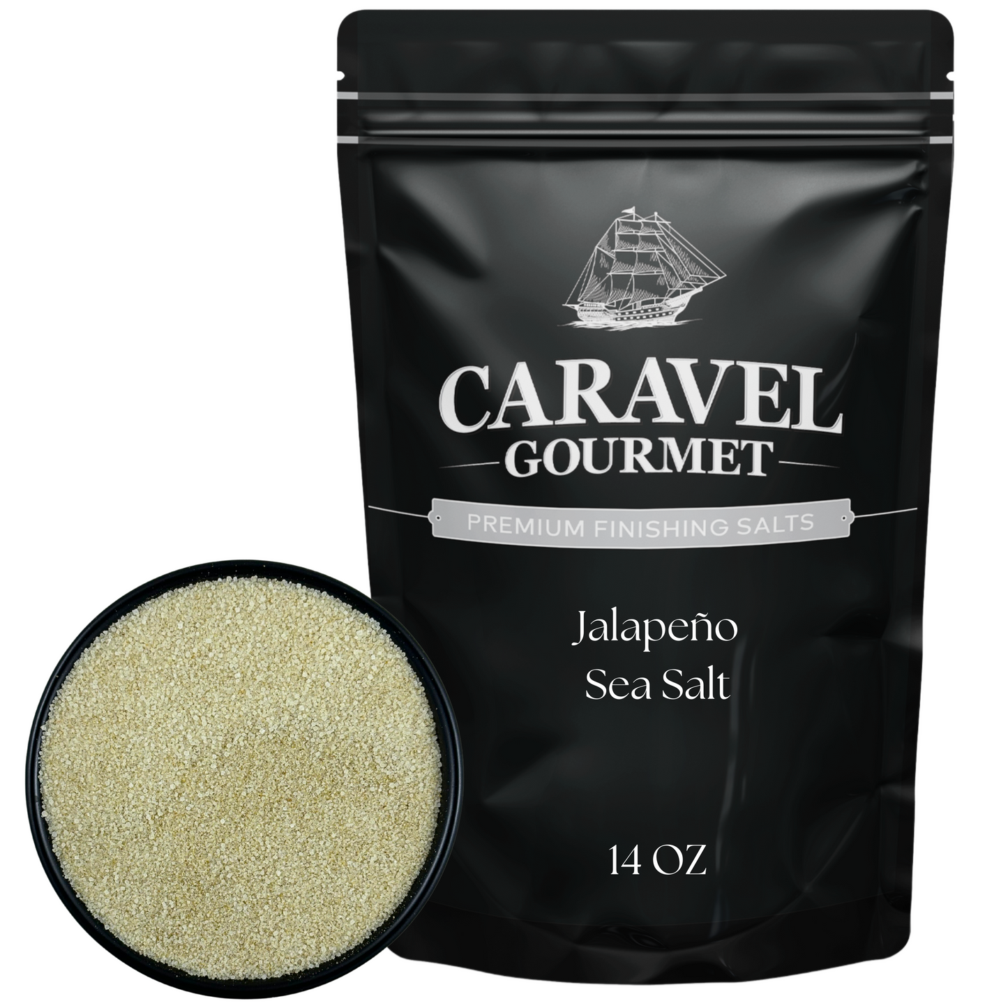 Jalapeno Sea Salt - 14 oz Pouch in black packaging with a bowl of salt next to it, showcasing its premium quality.