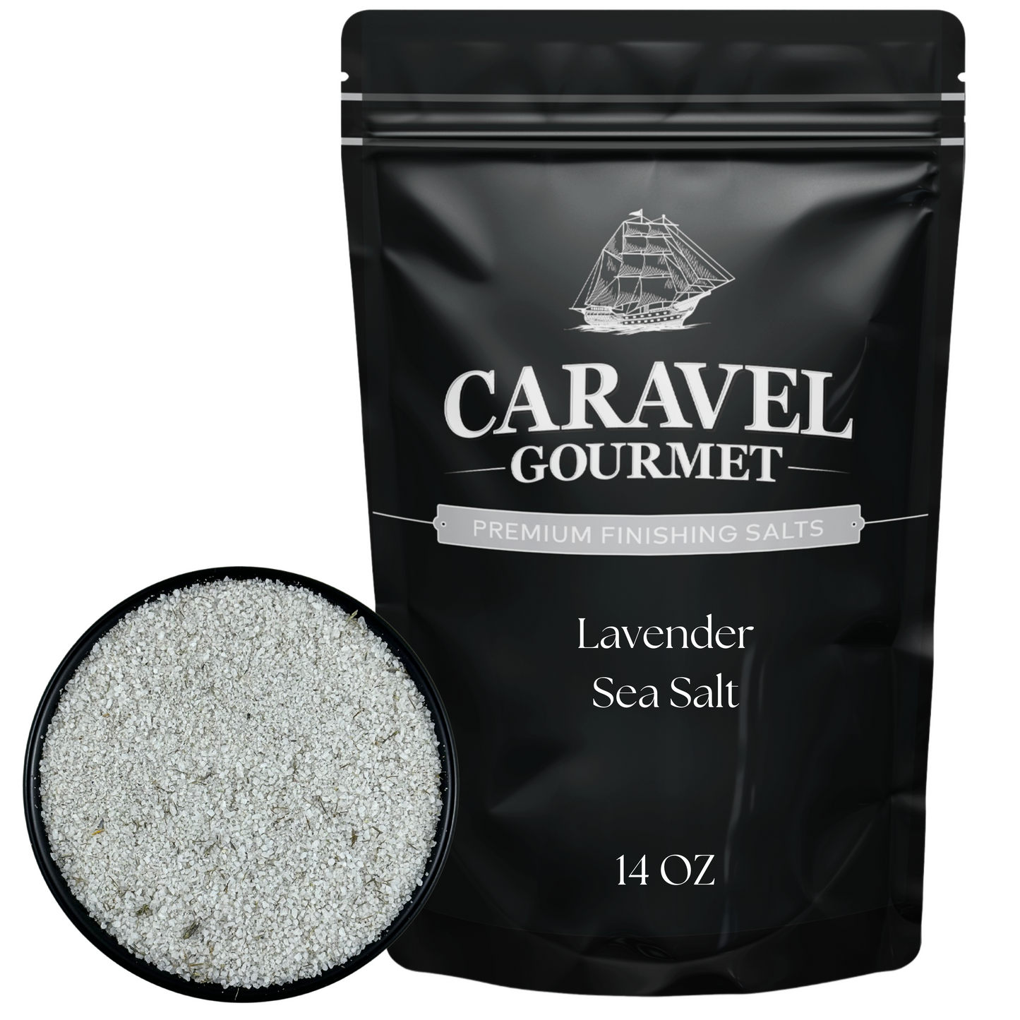 Lavender Sea Salt - 14 oz pouch by Caravel Gourmet, showing premium finishing salts in a black pouch.