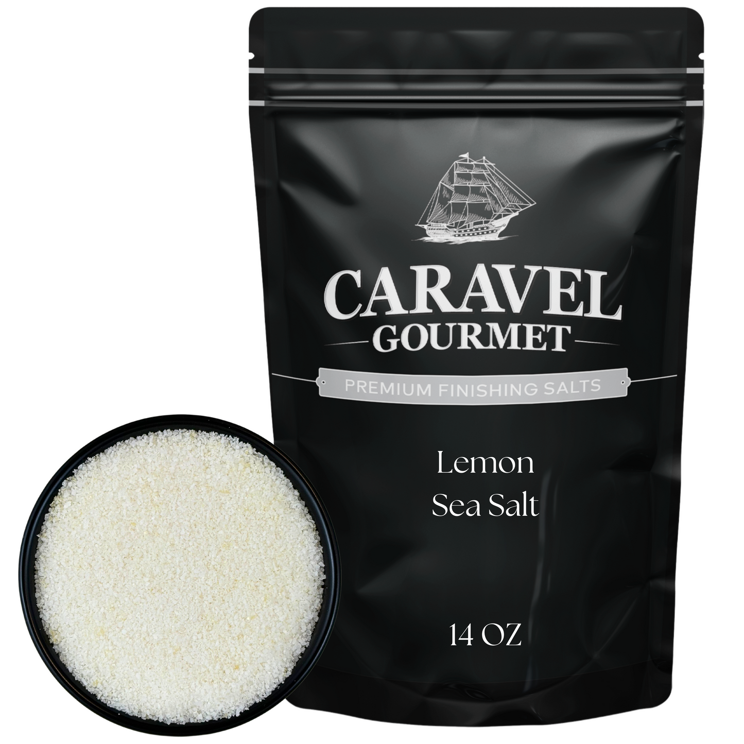 Lemon Sea Salt - 14 oz Pouch in a black packaging with a bowl of white sea salt. Perfect for enhancing dishes.
