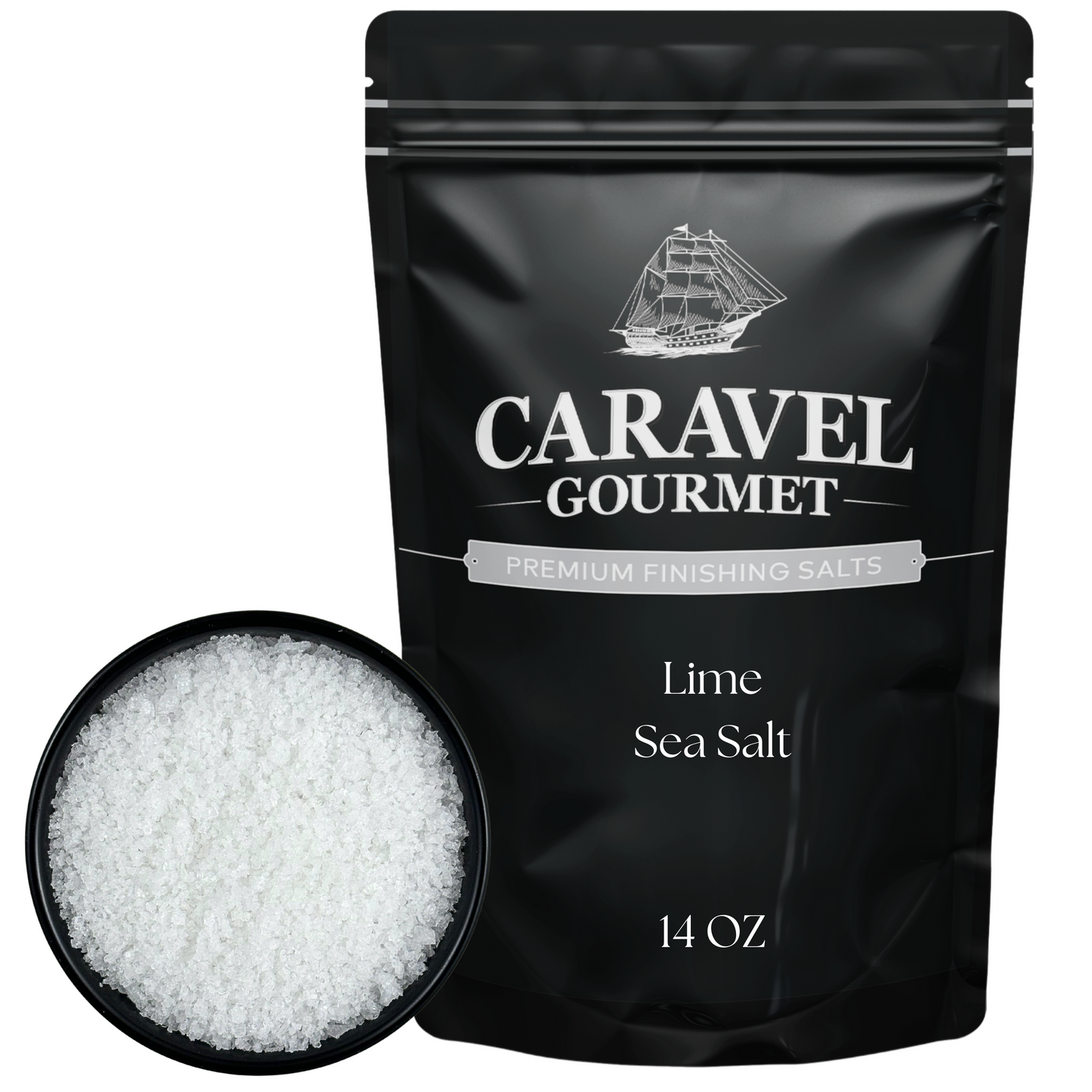 Lime Sea Salt - 14 oz Pouch by Caravel Gourmet, featuring premium finishing salts in a black pouch.