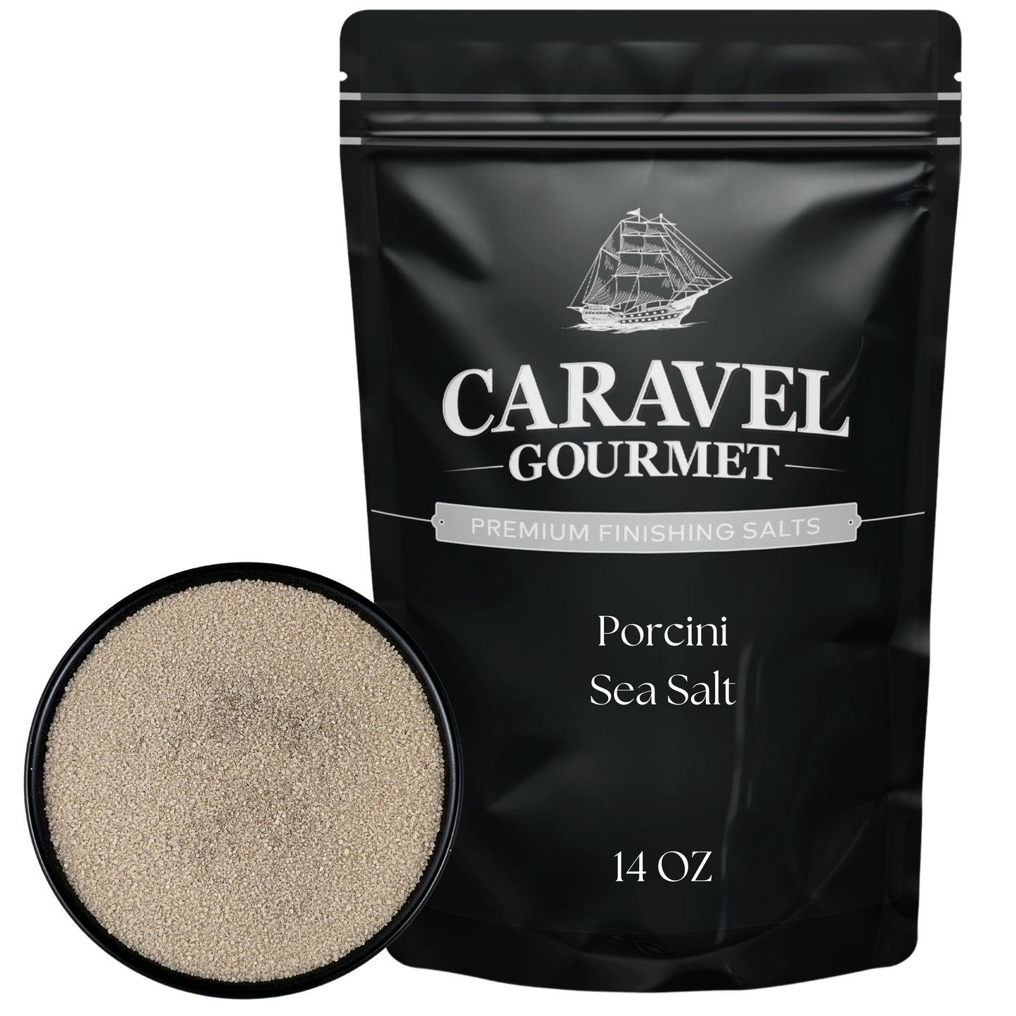 Porcini Sea Salt - 14 OZ Pouch from Caravel Gourmet, featuring premium finishing salts in a sleek black package.