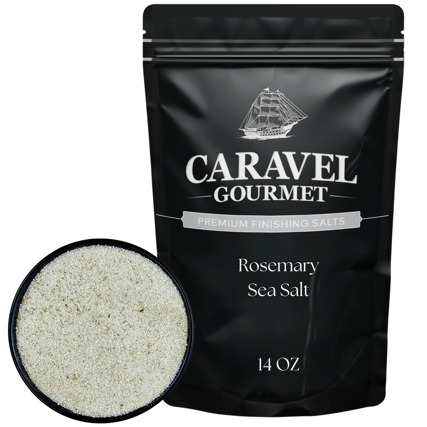 Rosemary Sea Salt - 14 oz Pouch in black pouch with white lettering and a bowl of the salt.