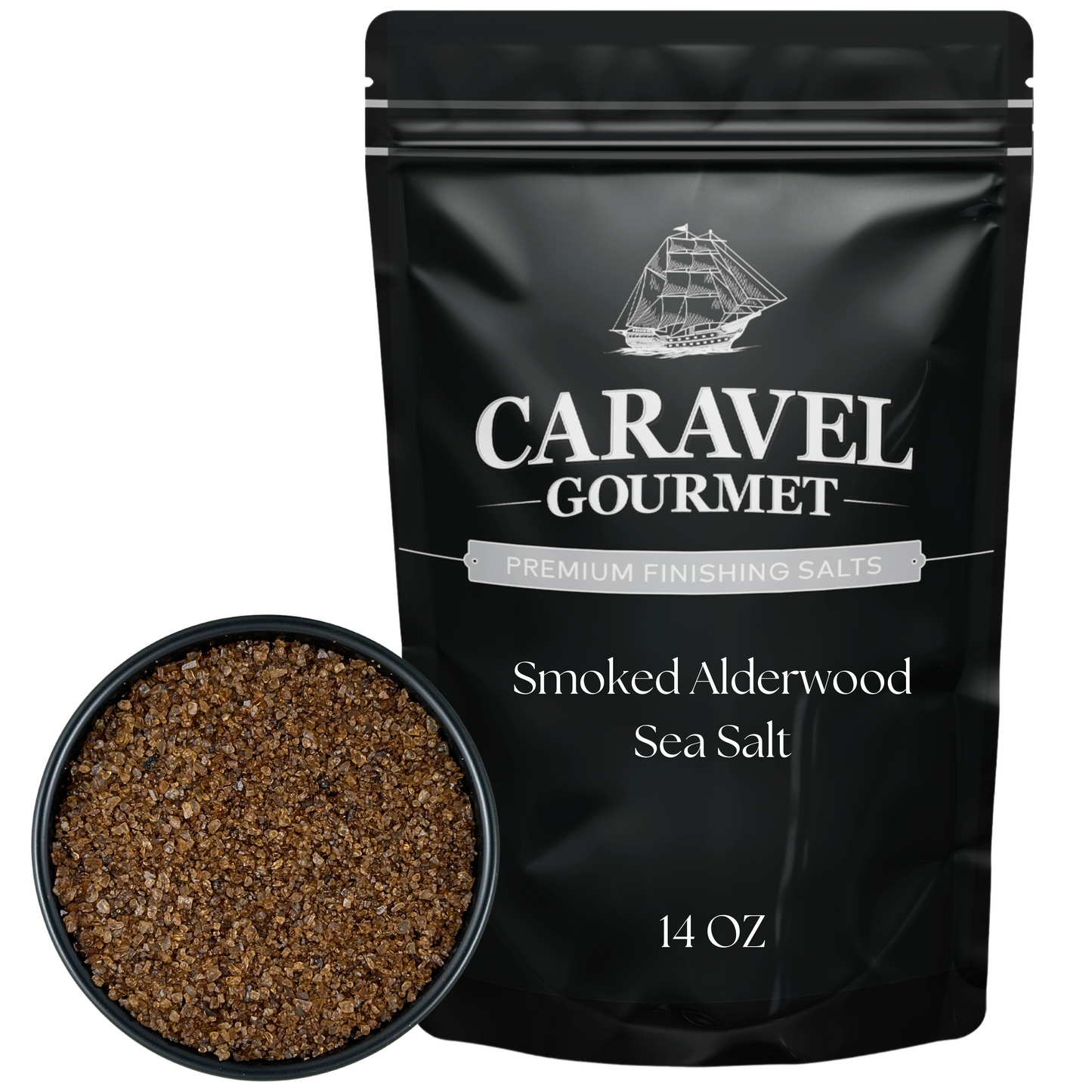 Smoked Alderwood - 14 oz Pouch featuring Caravel Gourmet Sea Salt in a black package with a bowl of salt.