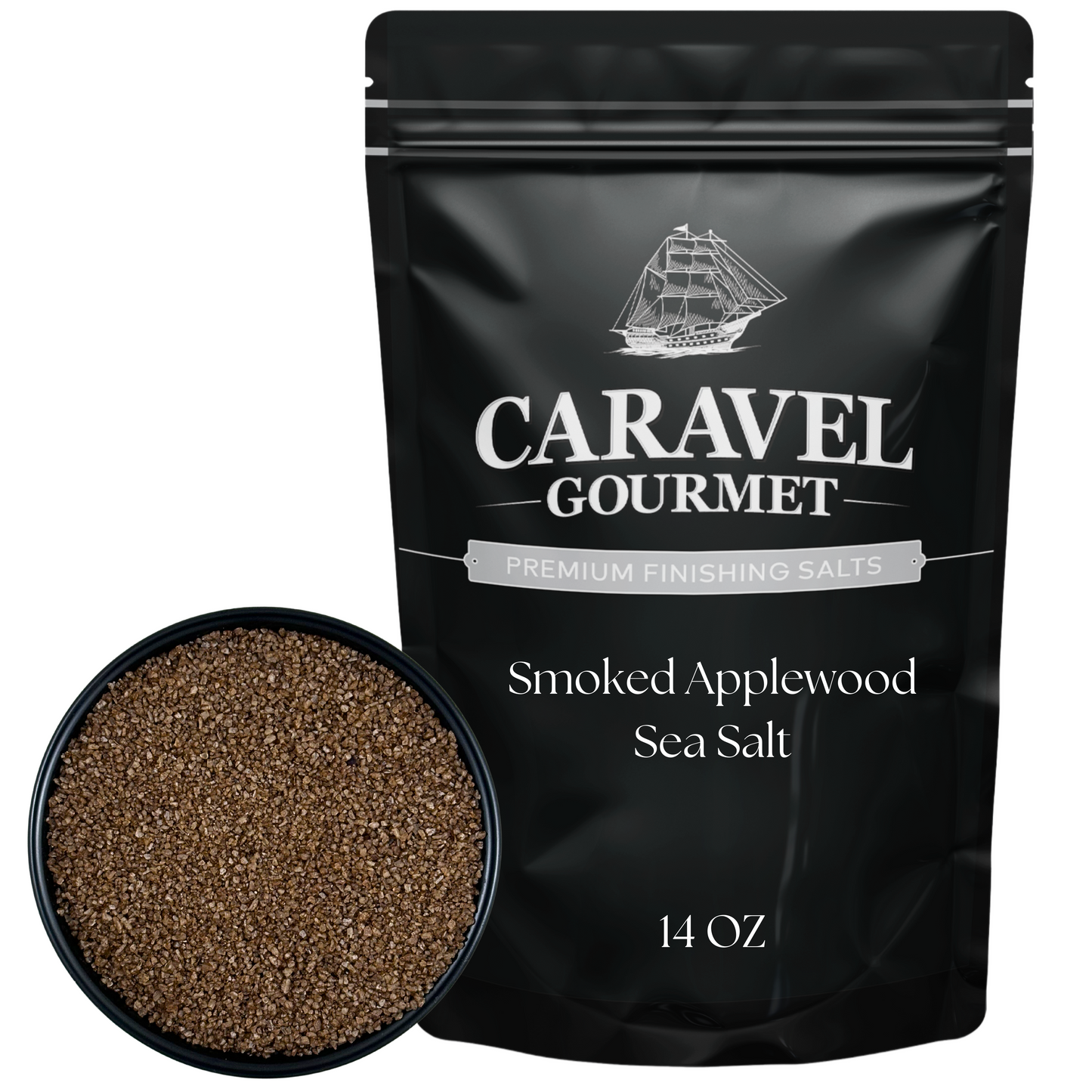 Smoked Applewood Sea Salt - 14 oz Pouch with a close-up of the salt texture and packaging.