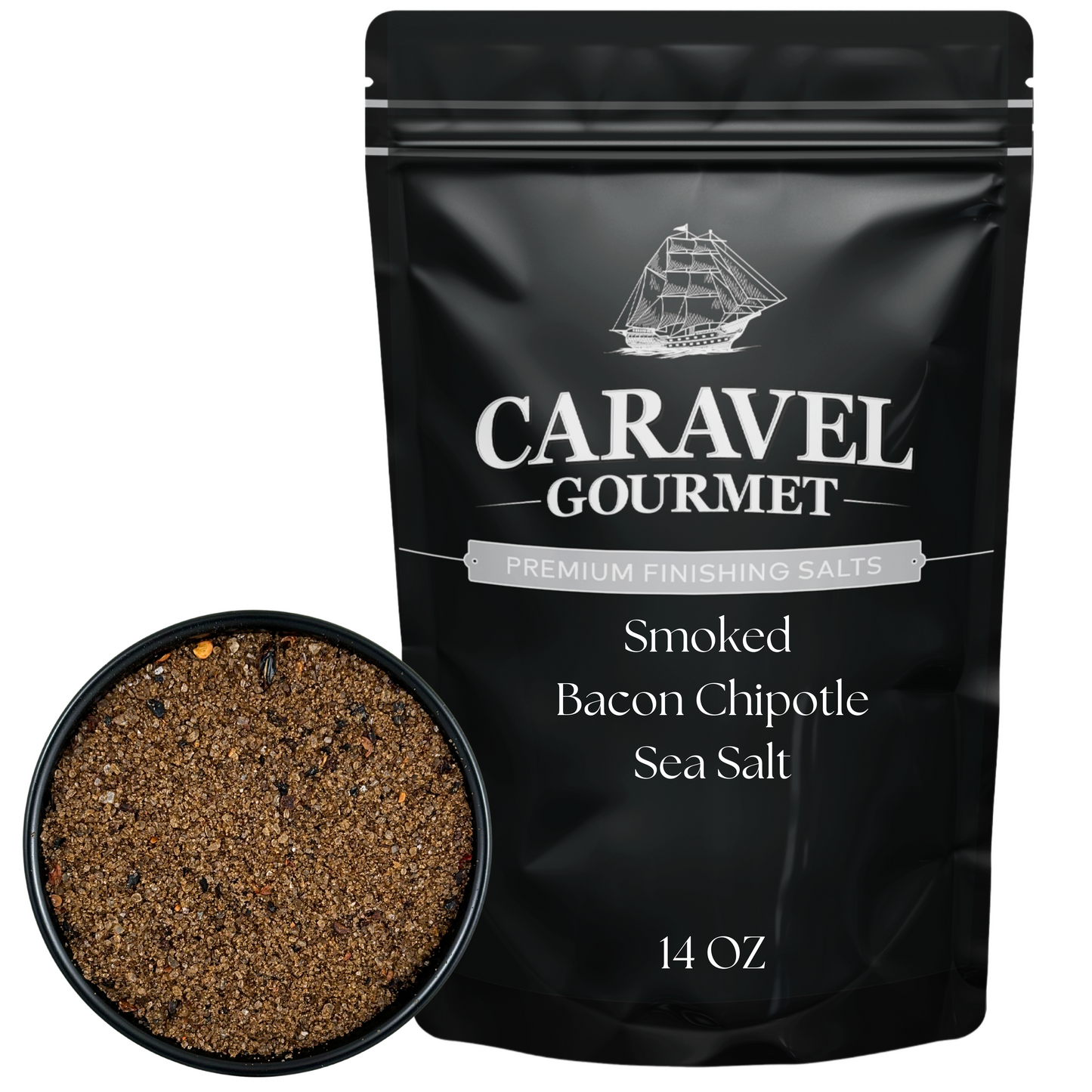 Smoked Bacon Chipotle Sea Salt - 14 oz Pouch featuring a black package and close-up of the sea salt texture.