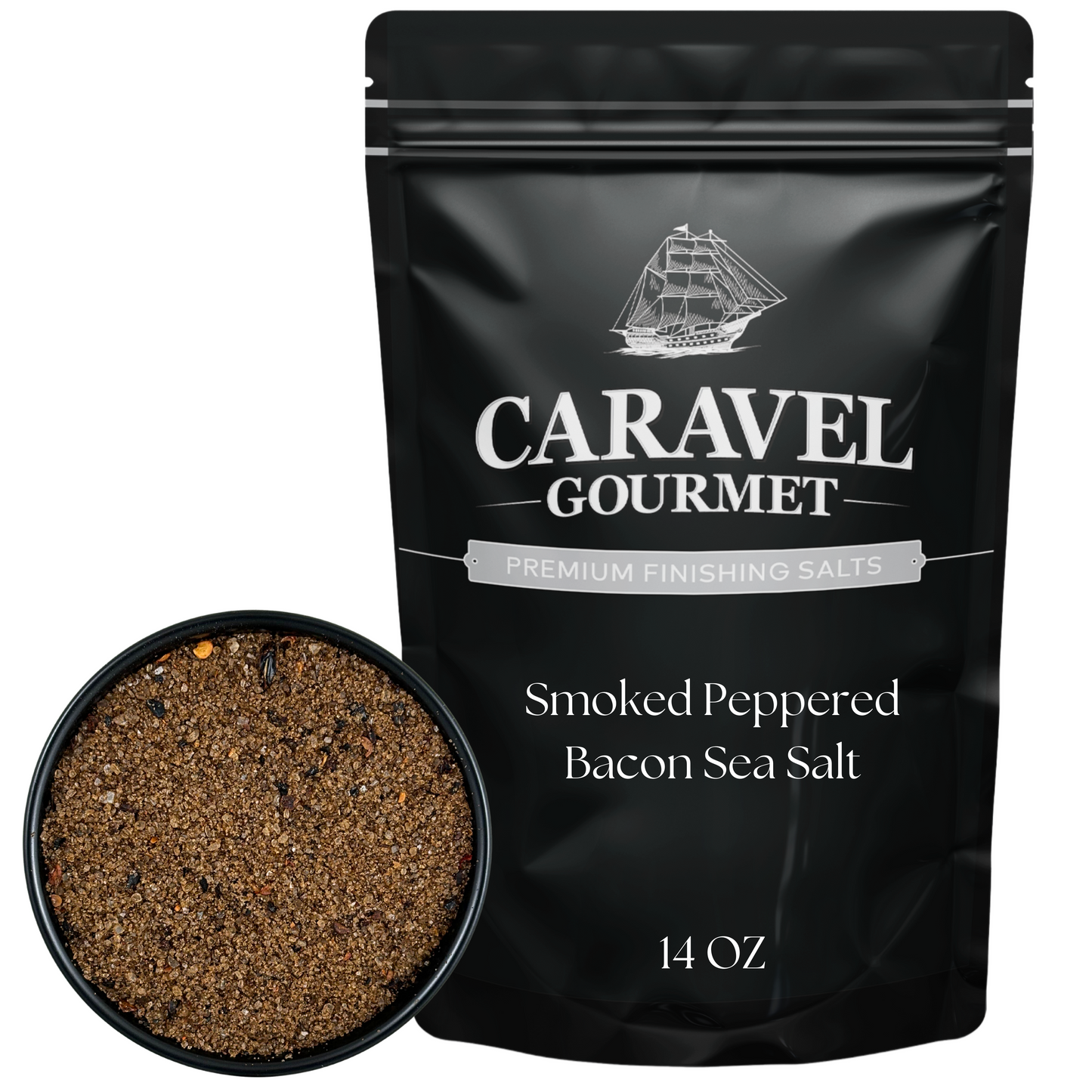 Smoked Bacon Sea Salt - 14 oz Pouch with a bowl of smoked peppered bacon sea salt.