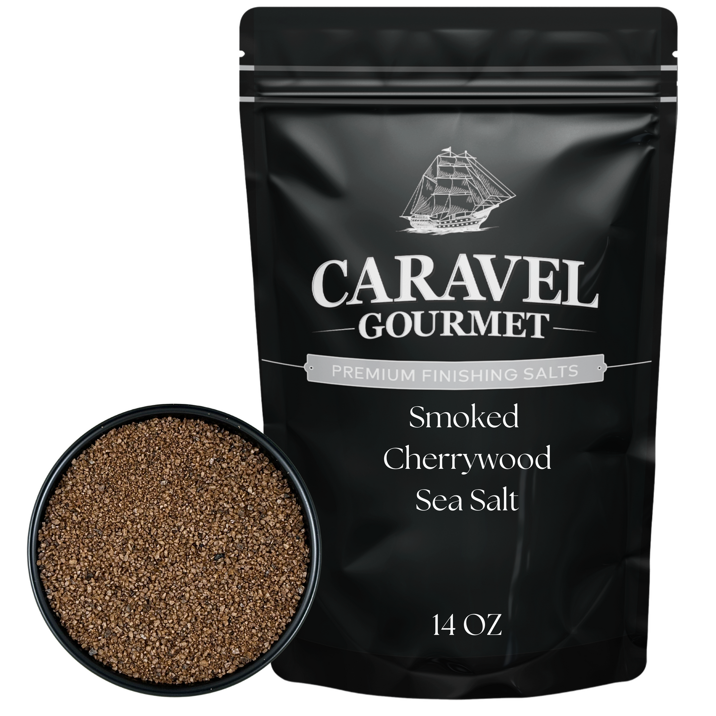 Smoked Cherrywood Sea Salt - 14 oz Pouch in black packaging next to a bowl of sea salt.