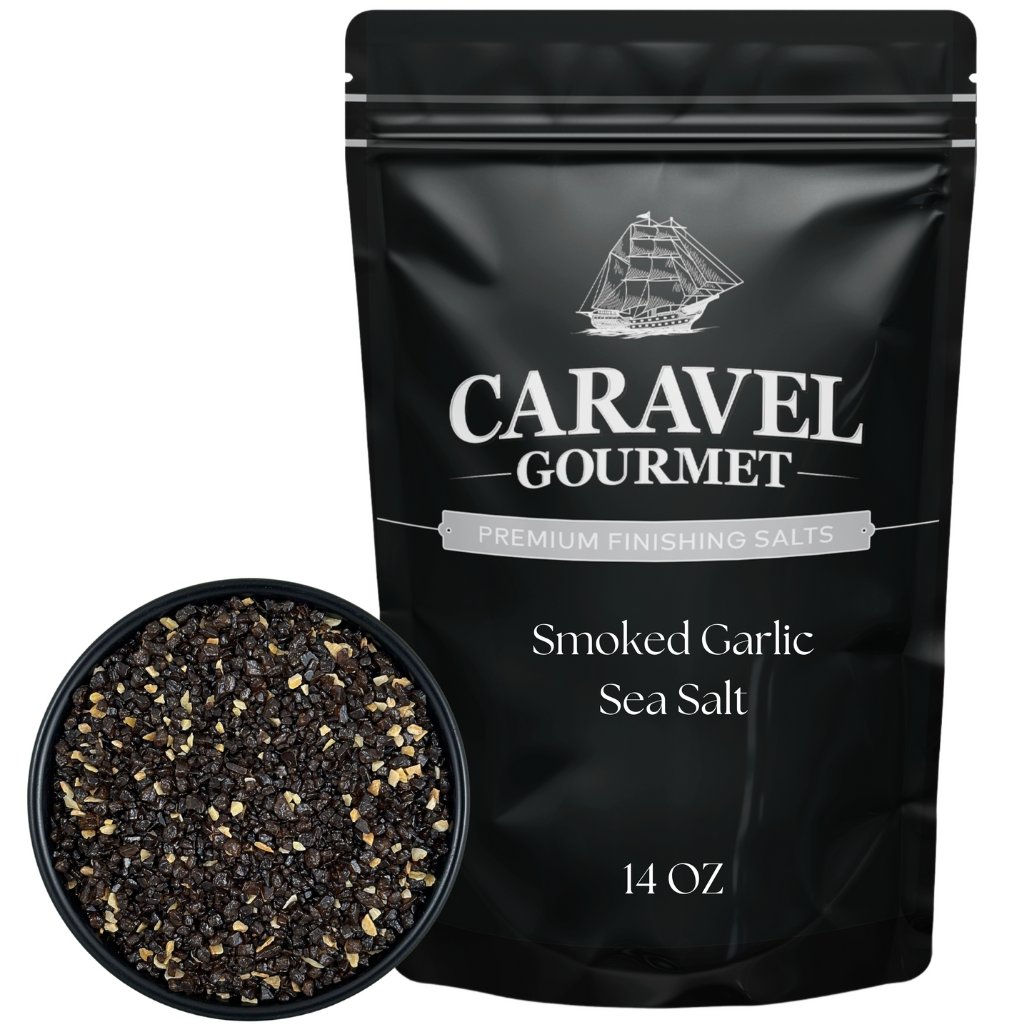 Smoked Garlic Sea Salt - 14 oz Pouch featuring a black pouch and bowl of salt.