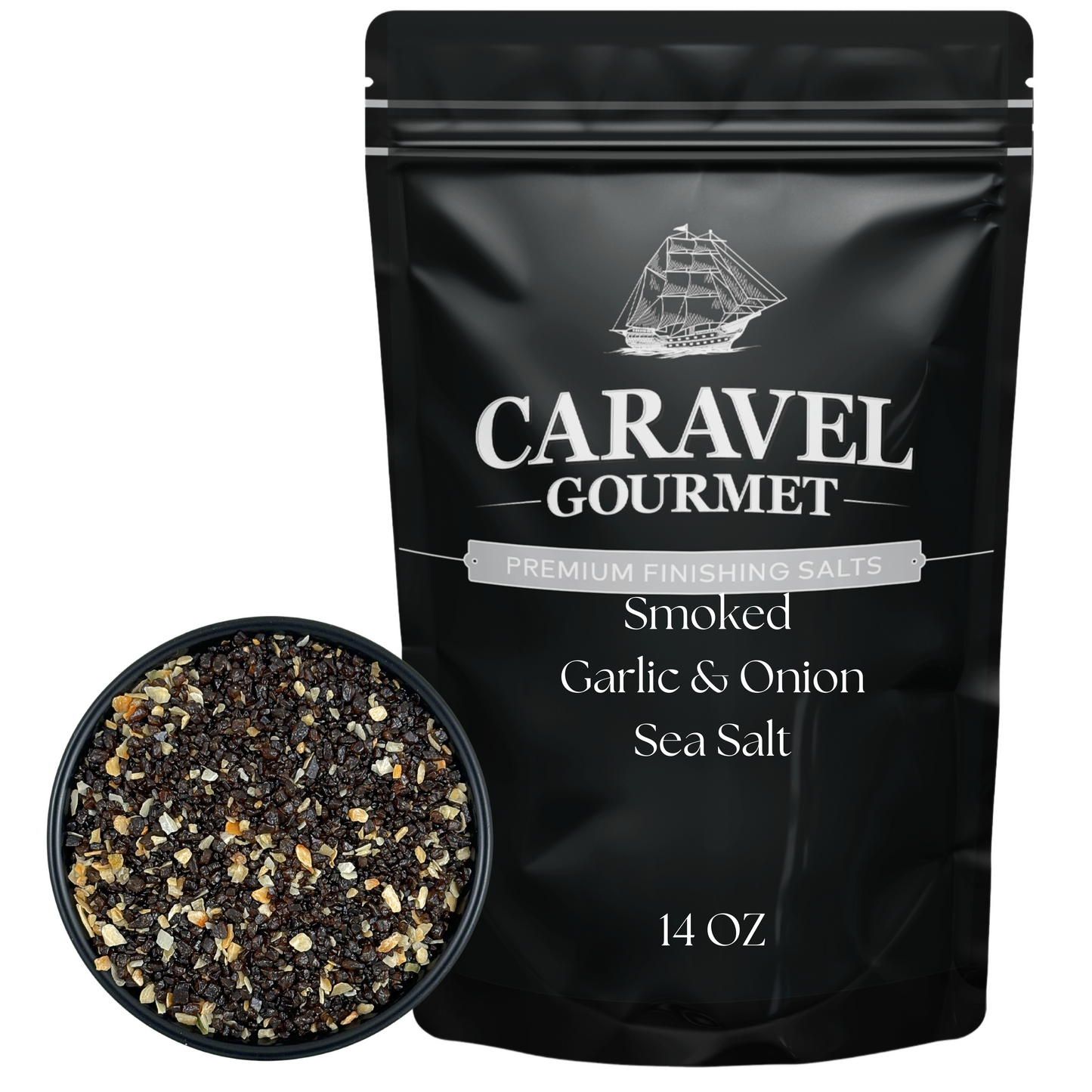 Smoked Garlic & Onion Sea Salt - 14 oz Pouch featuring premium finishing salts in a black pouch with spice blend.