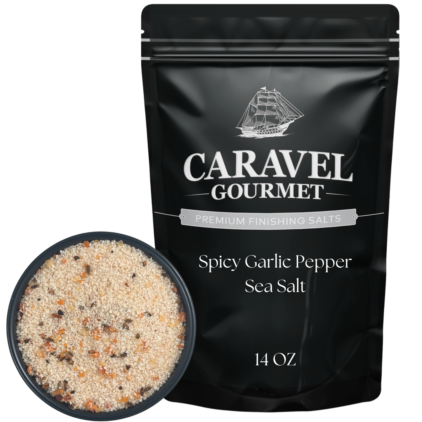 Spicy Garlic Pepper Sea Salt - 14 oz Pouch in a black pouch with gourmet finishings and a bowl of salt.