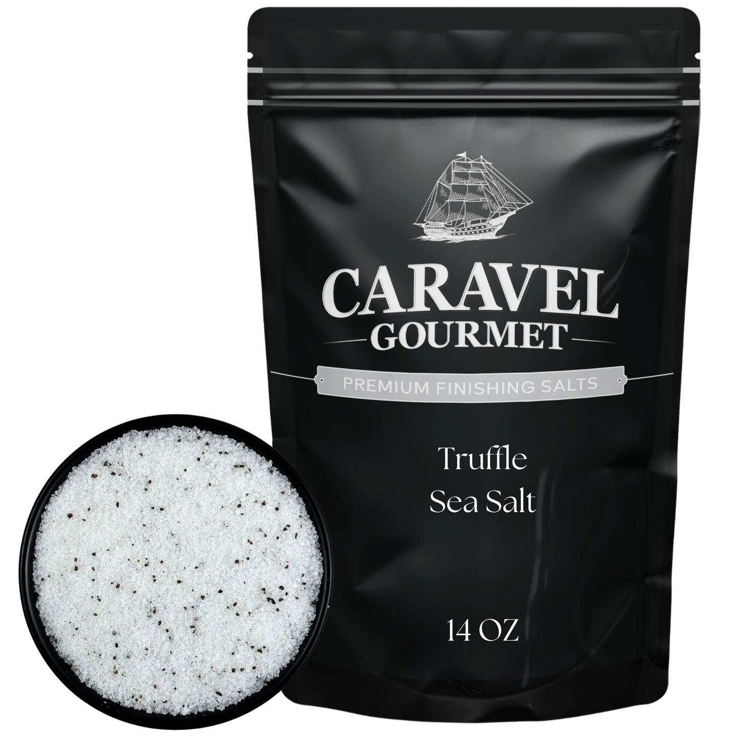 Truffle Sea Salt - 14 oz Pouch by Caravel Gourmet, showcasing the luxurious gourmet salt in a sleek black pouch.