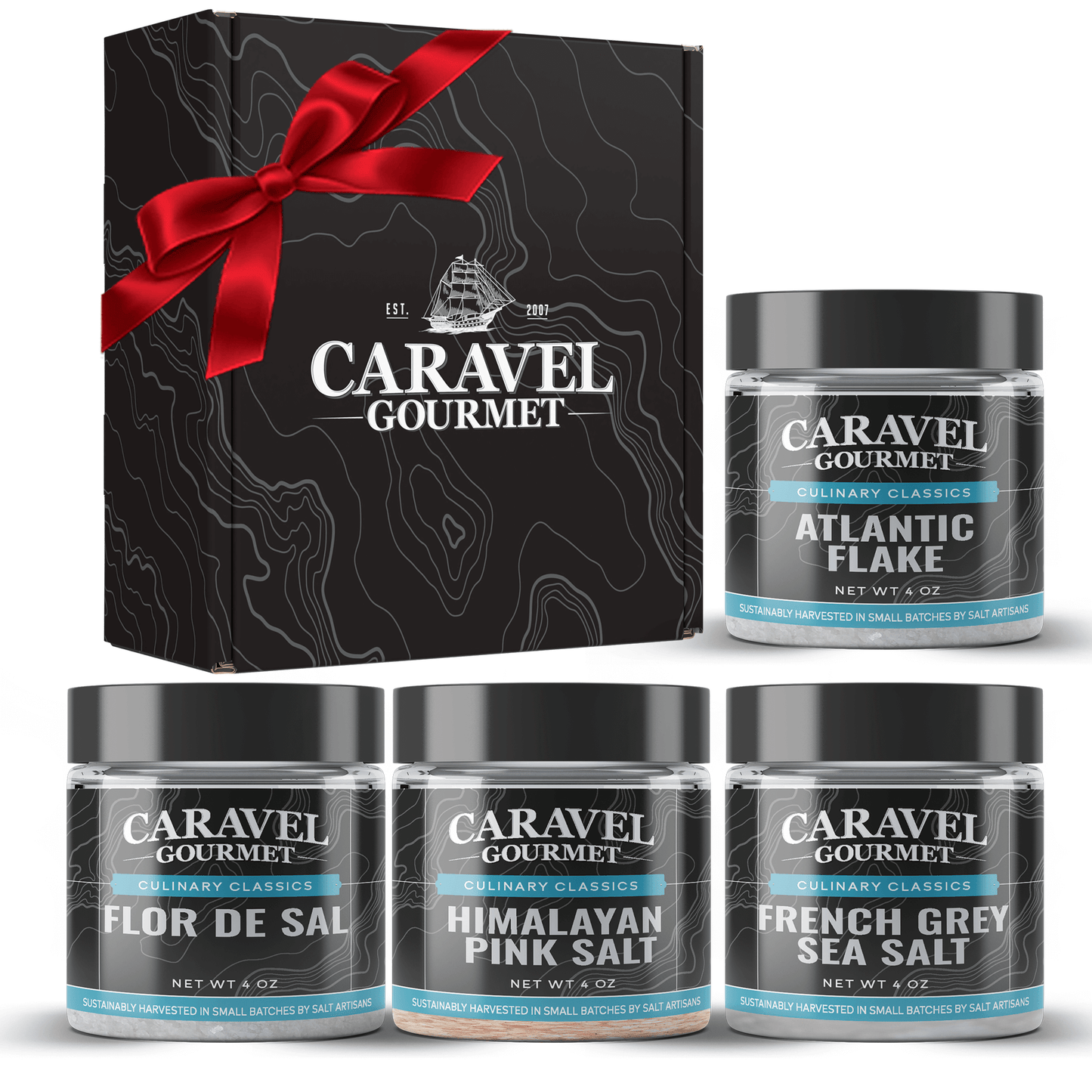 Culinary Classics Collection featuring Atlantic Flake, Flor de Sal, Himalayan Pink, and French Grey Sea Salt.
