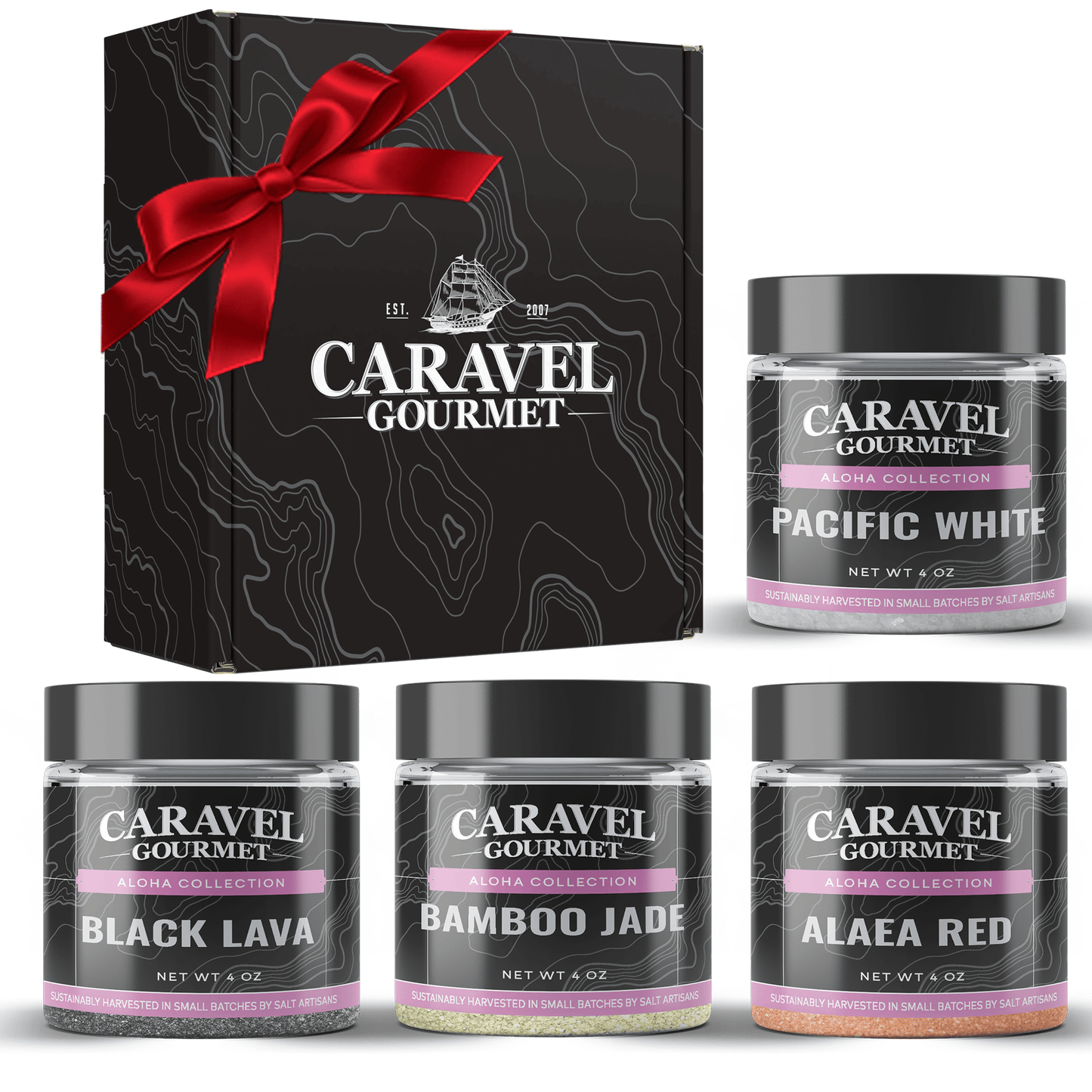 Aloha Collection from Caravel Gourmet featuring Black Lava, Alaea Red, Pacific White, and Bamboo Jade infused salts.