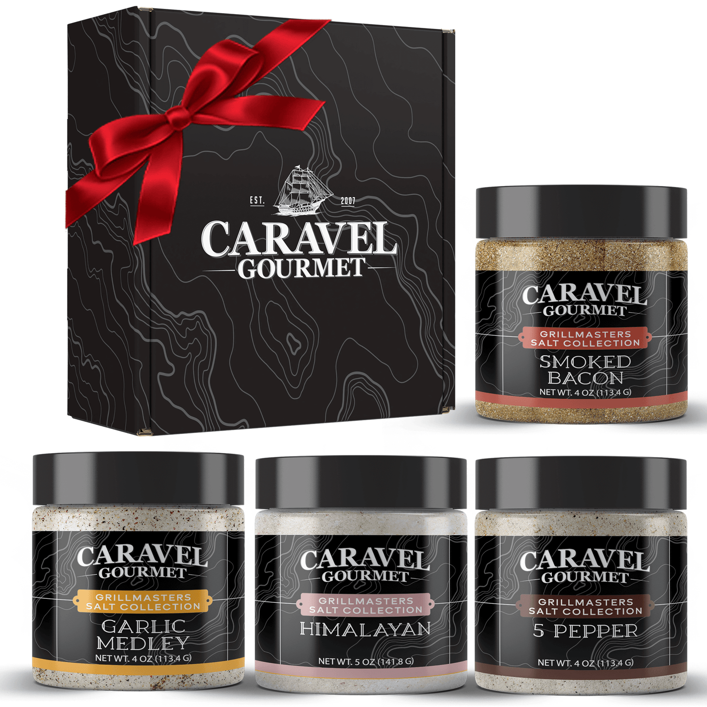 Grillmaster Collection combo pack featuring Smoked Bacon, Garlic Medley, Himalayan, and 5 Pepper salts in a gift box.