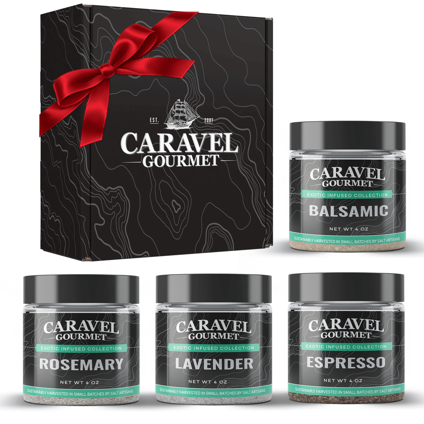 Exotic Infused Collection featuring Rosemary, Lavender, Balsamic, and Espresso Sea Salt in a gift box.