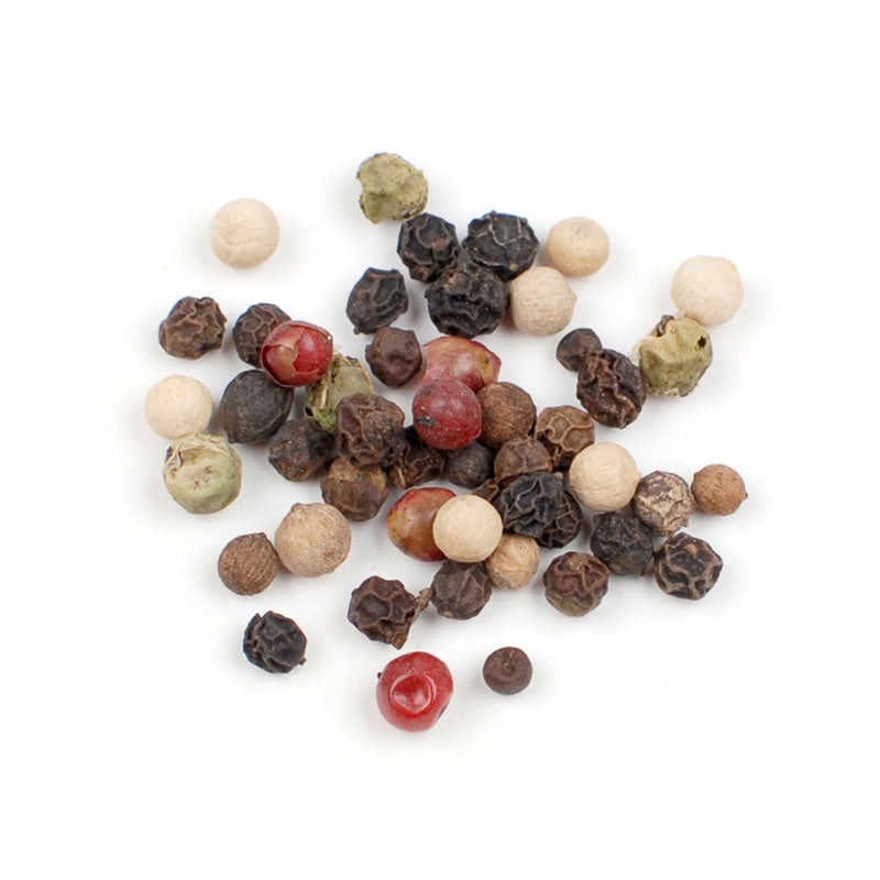 FOUR PEPPERCORNS BLEND - 8 lb bag / box each, a vibrant mix of black, white, green, and pink peppercorns.