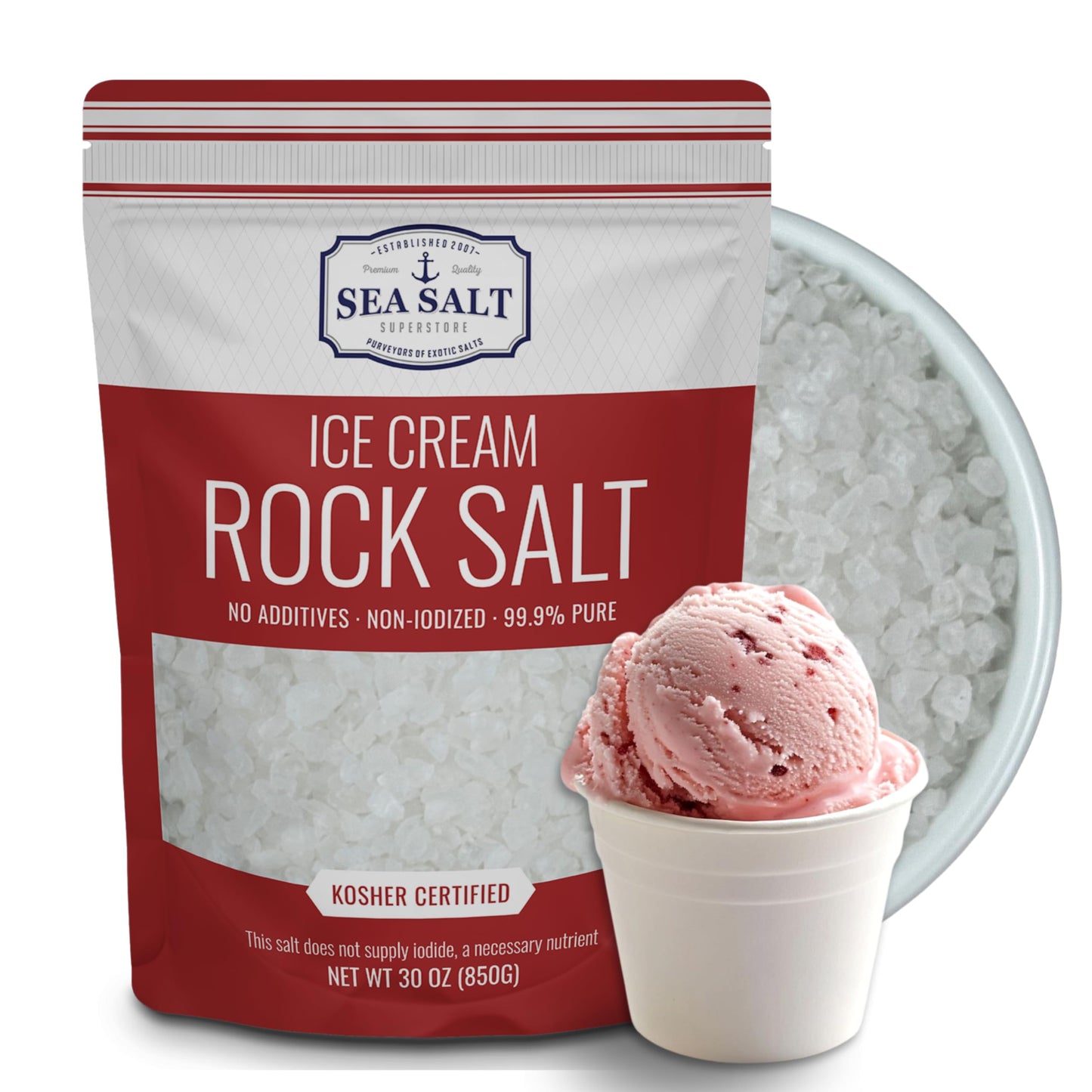 Ice Cream Rock Salt - 30 oz Pouch with ice cream in a cup and coarse rock salt.
