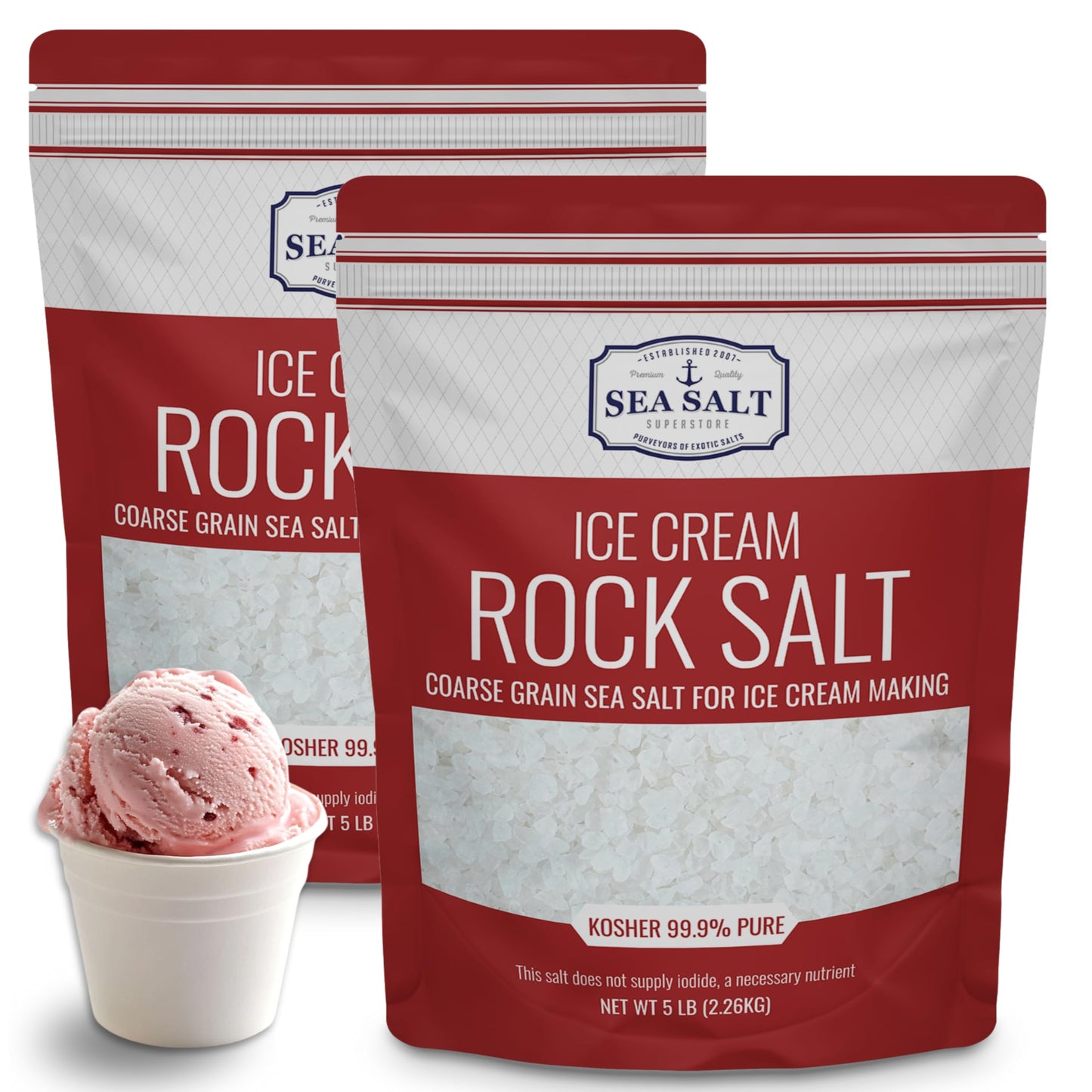 Ice Cream Rock Salt 10 lb Pouch, coarse grain sea salt for homemade ice cream, kosher 99.9% pure.