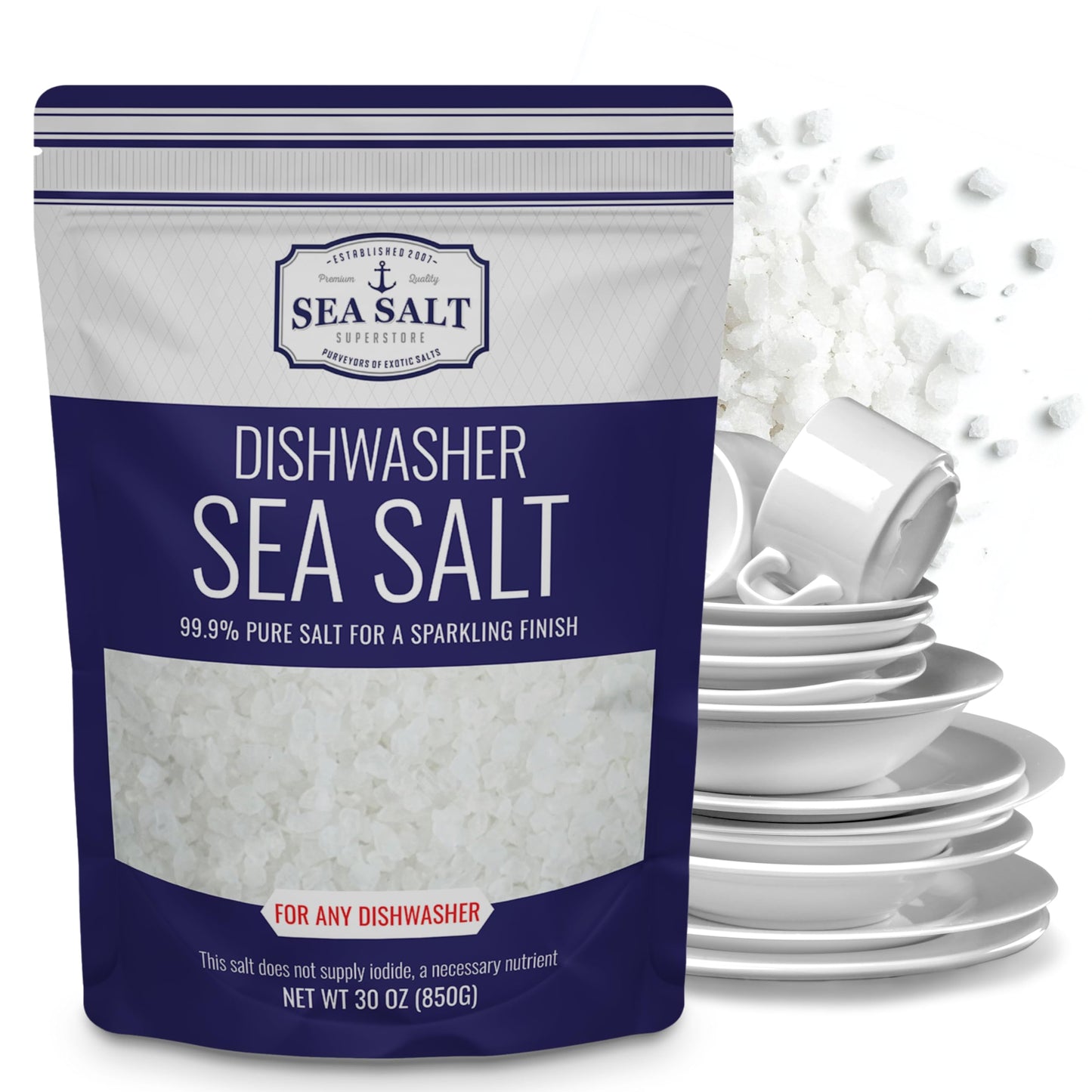 Dishwasher Salt - 30 oz Pouch, all-natural reactivation salt for dishwashers, coarse grain, 99.9% pure.
