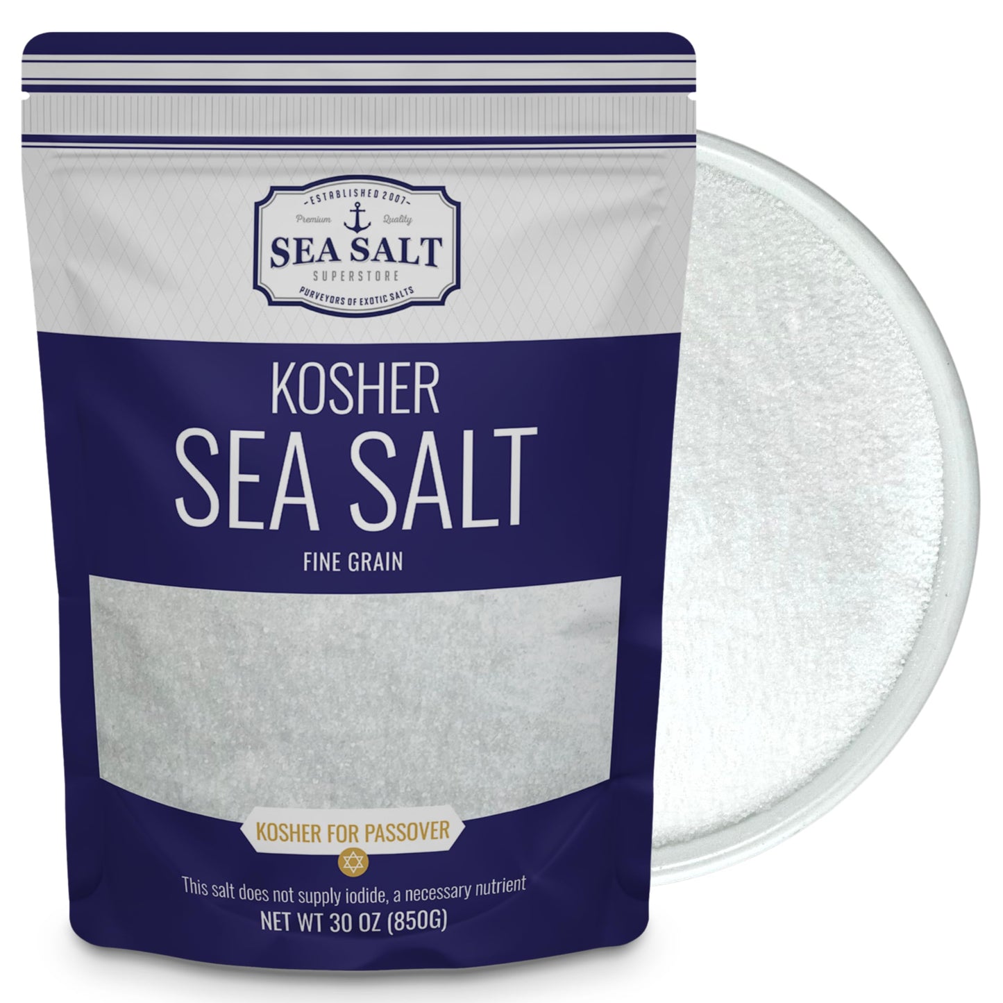 Kosher Fine Grain Sea Salt - 30 oz Pouch featuring an all-natural sea salt for a great Kosher diet.