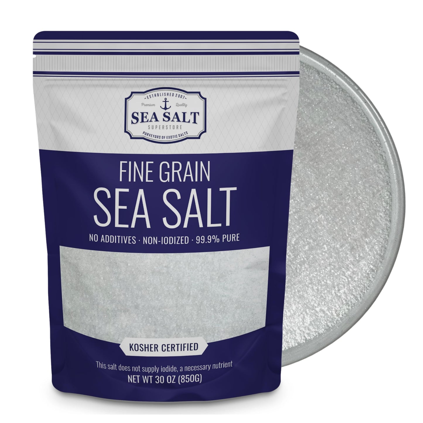 Sea Salt Fine Grain - 30 oz Pouch featuring 99.9% pure salt with no additives, perfect for enhancing meals.