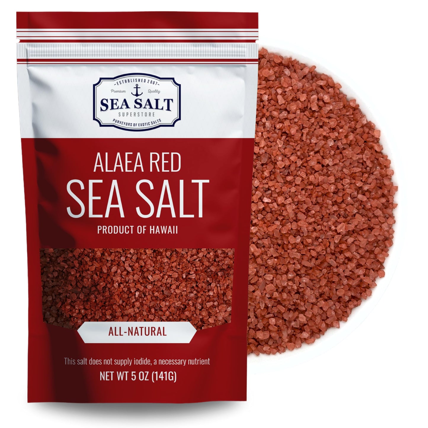 Alea Red Sea Salt 5 oz Pouch featuring all-natural Hawaiian sea salt with a distinctive red color.