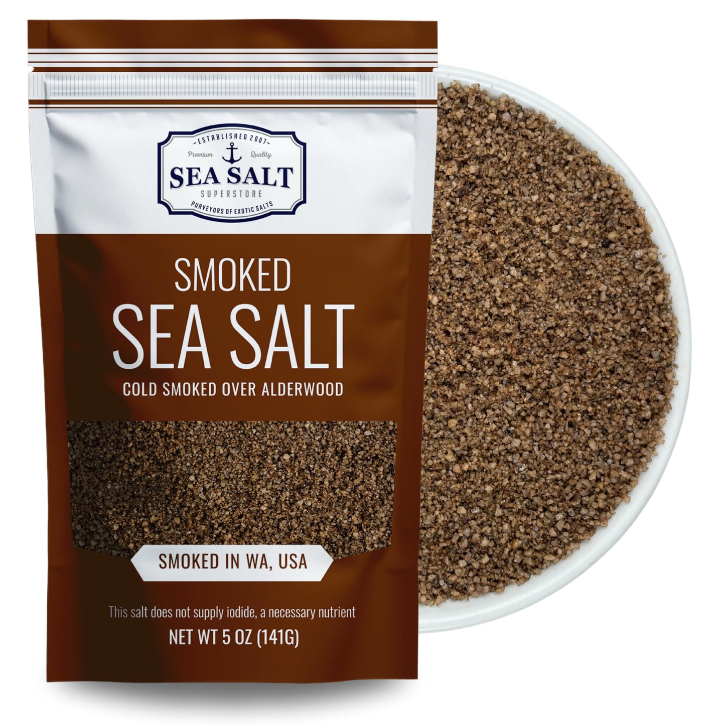 Smoked Sea Salt 5 oz Pouch showcasing robust smoky flavor, ideal for seasoning various dishes.
