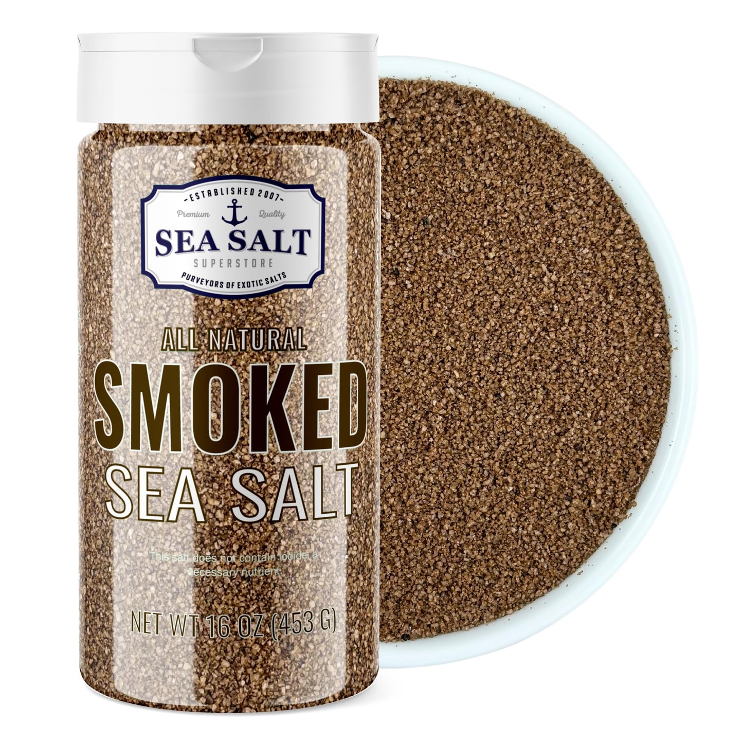 Smoked Sea Salt - 16 oz Shaker in a container with coarse texture, perfect for seasoning dishes.