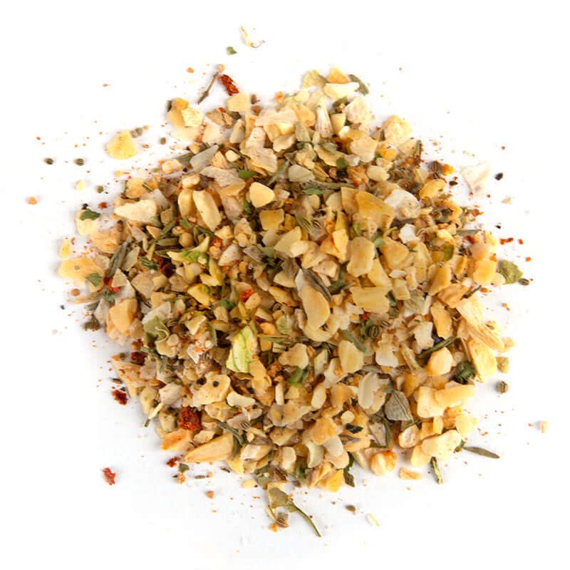 All Purpose Seasoning blend featuring garlic, red chile flakes, and herbs on a white background.
