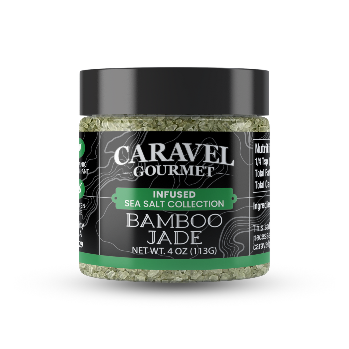 Bamboo Jade Sea Salt - Chef Jar by Caravel Gourmet, infused sea salt with bamboo leaf extract, 4 oz jar.