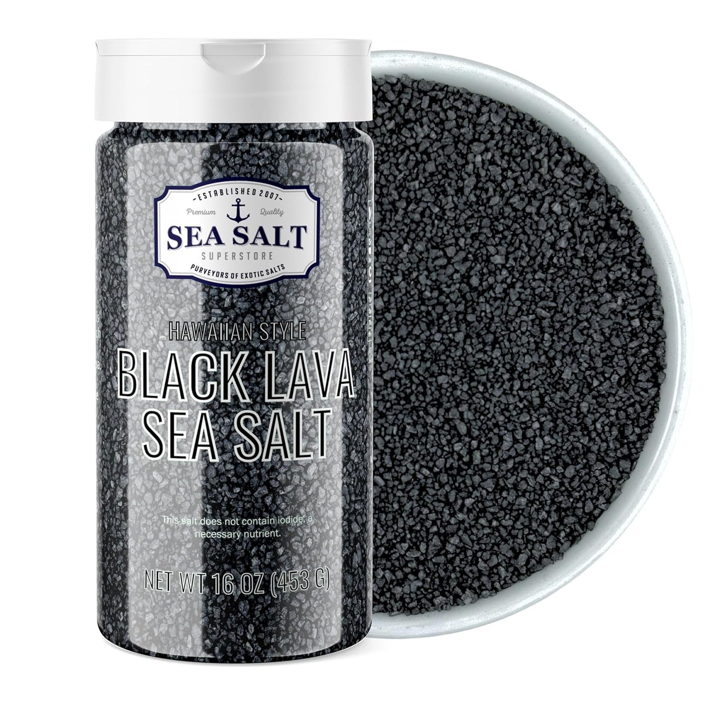 Black Lava Sea Salt - 16 oz Shaker in a container and bowl, highlighting rich black color and texture.