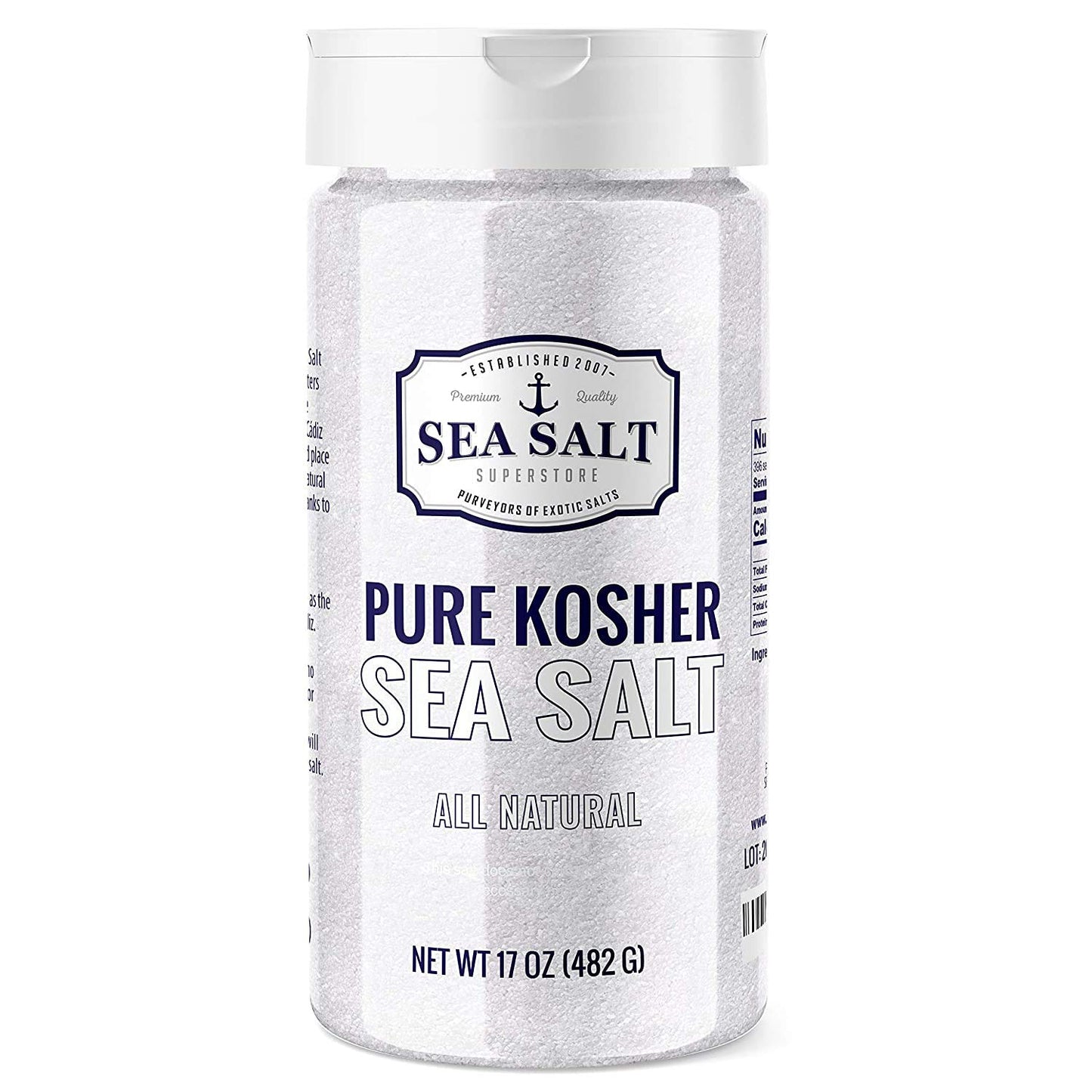 Kosher Coarse Grain Sea Salt - 16 oz Shaker in a shaker container, featuring an all-natural and kosher label.