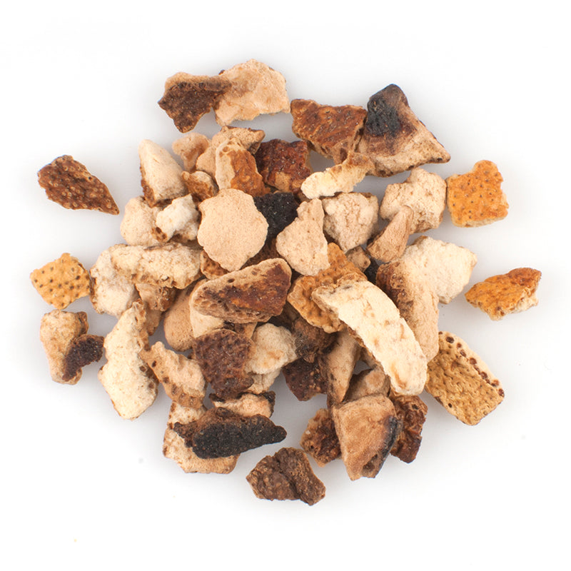 DICED BITTER ORANGE PEEL - 25 lb bag / box each on a white background, showcasing its chunks and texture.