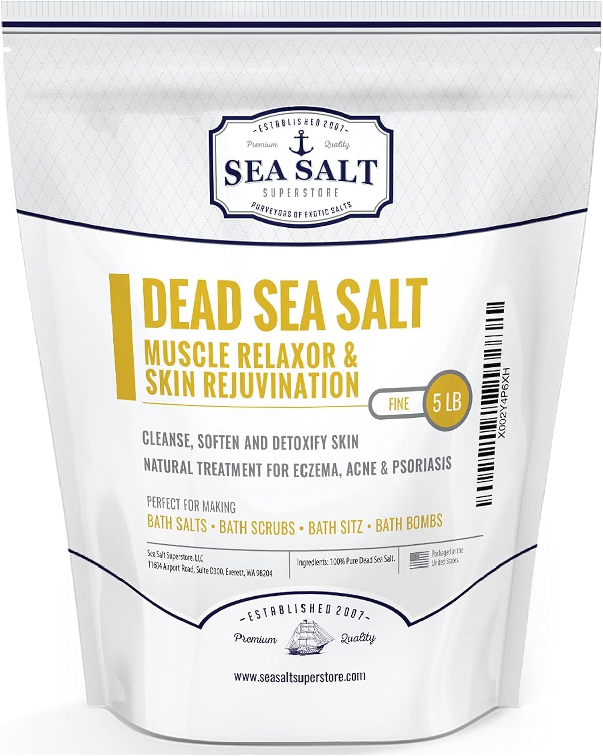 Dead Sea Salt, Fine - 5 lb Bag, muscle relaxer & skin rejuvenation for bath soaks, scrubs & natural treatment.