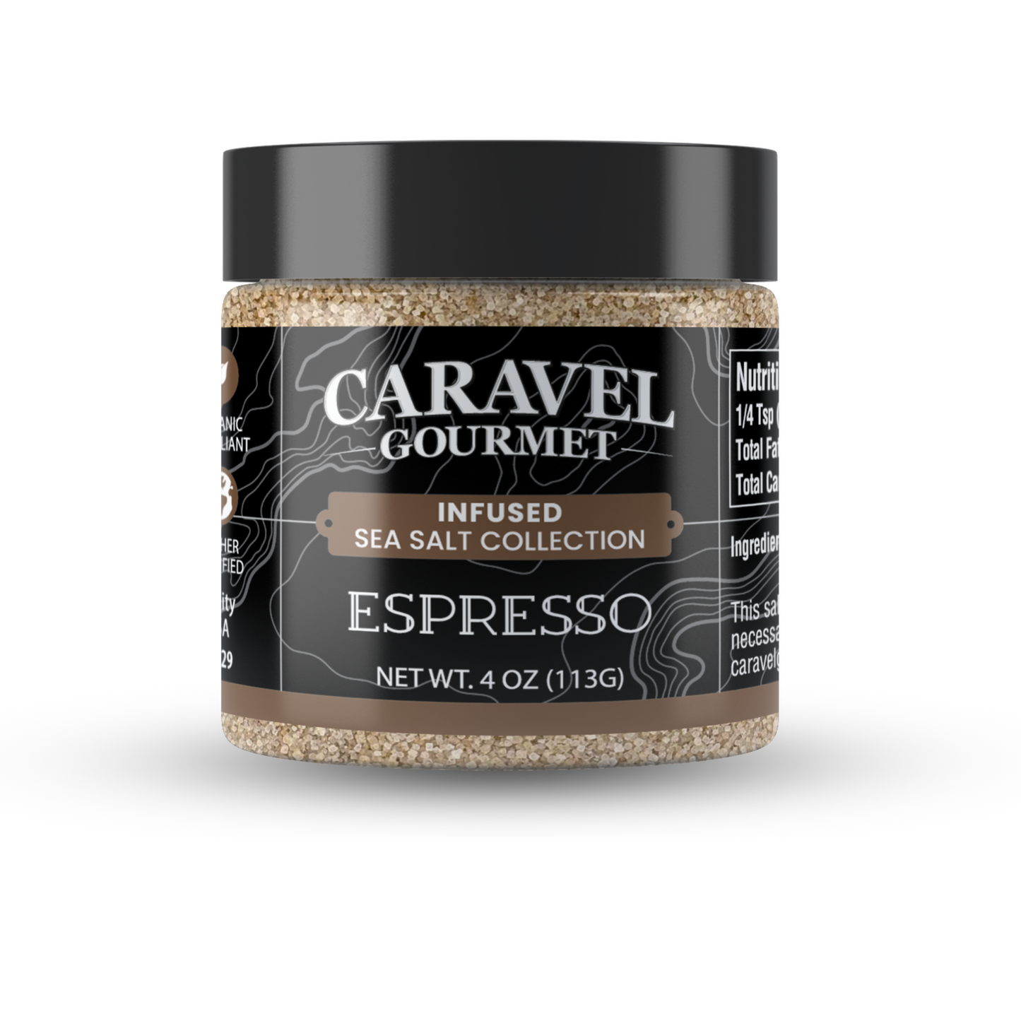 Espresso Sea Salt - Chef Jar by Caravel Gourmet, infused sea salt collection in 4 oz jar.