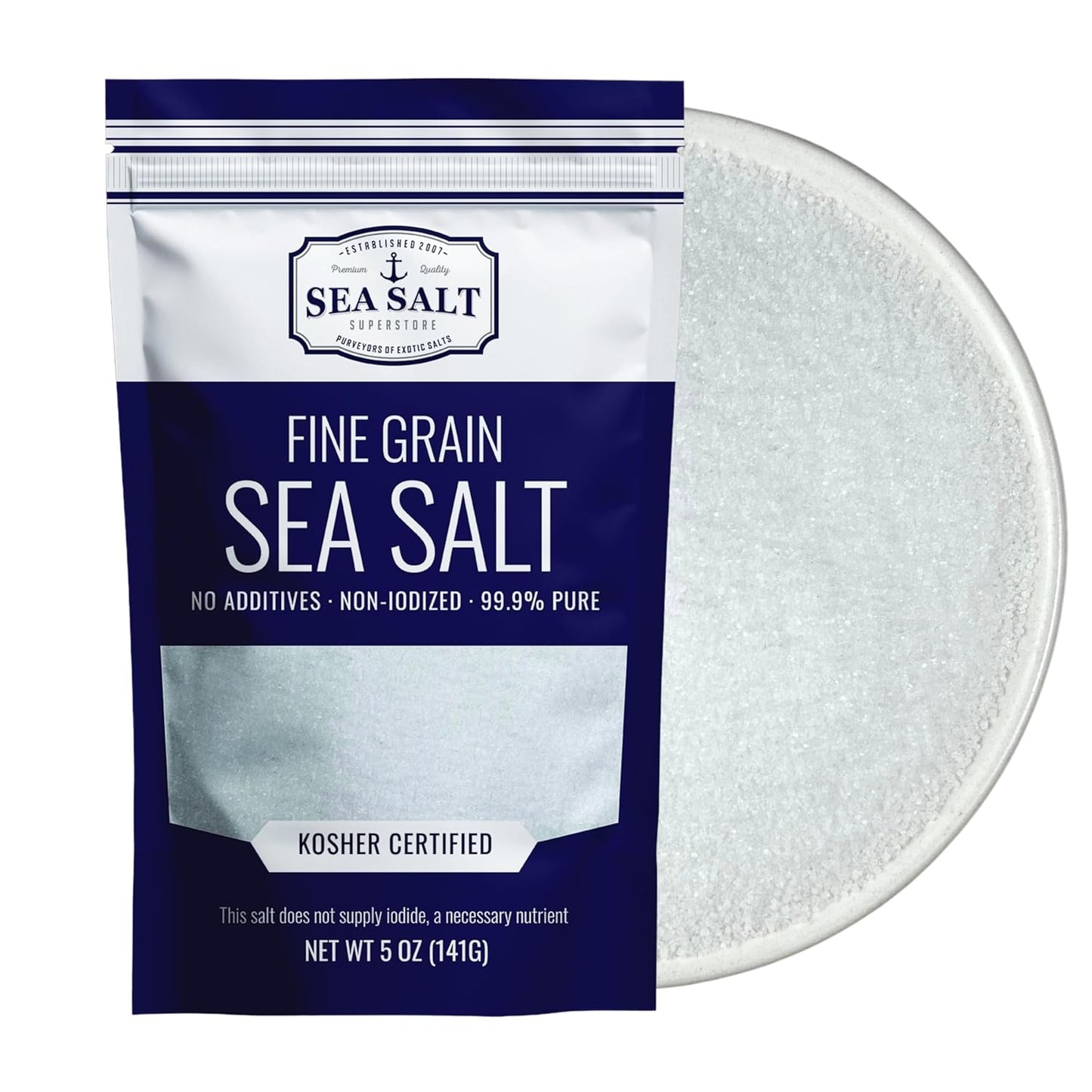 Fine Sea Salt - 5 oz Pouch with pure white crystals, perfect for enhancing flavor in meals.