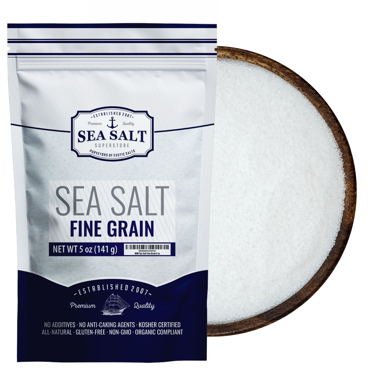 Fine Grain Sea Salt - 5 lb Bag displayed in a premium packaging alongside a wooden bowl, showcasing its texture.