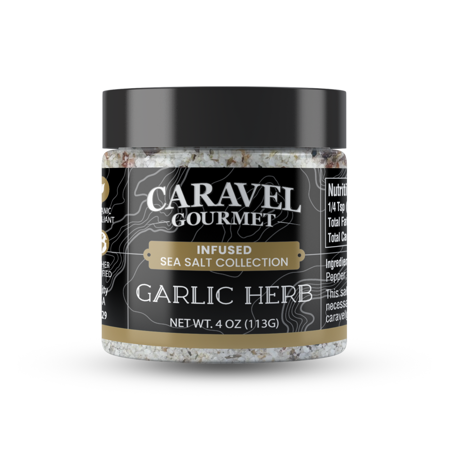 Garlic Herb Sea Salt - Chef Jar in a 4 oz container by Caravel Gourmet, perfect for enhancing any dish.