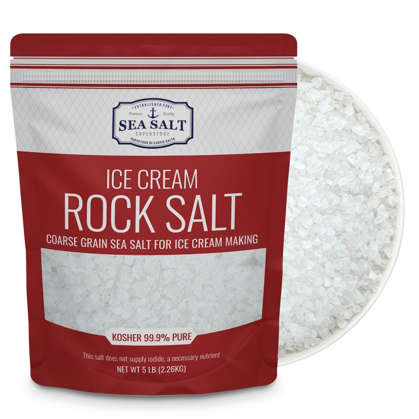 Ice Cream Rock Salt - 5 lb Bag, coarse grain sea salt for homemade ice cream making, pure and kosher.