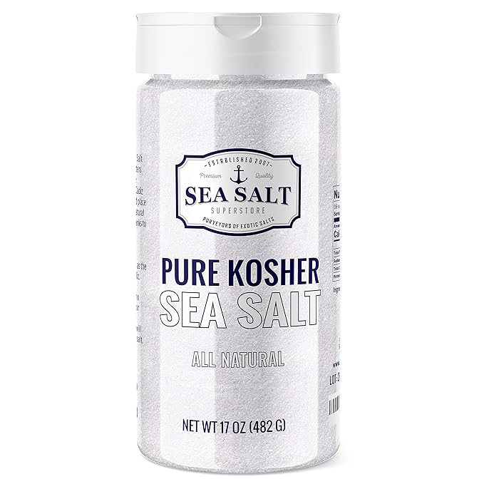 Kosher Fine Grain Sea Salt - 16 oz Shaker packaging with a clear design showcasing its all-natural ingredients.