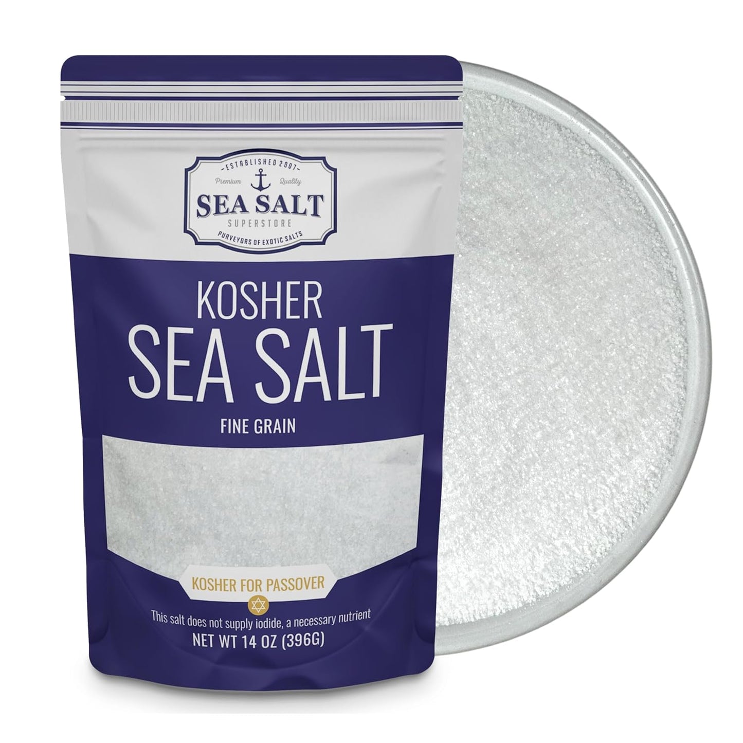Kosher Fine Grain Sea Salt 14 oz Pouch in a resealable bag, perfect for enhancing your Kosher recipes.