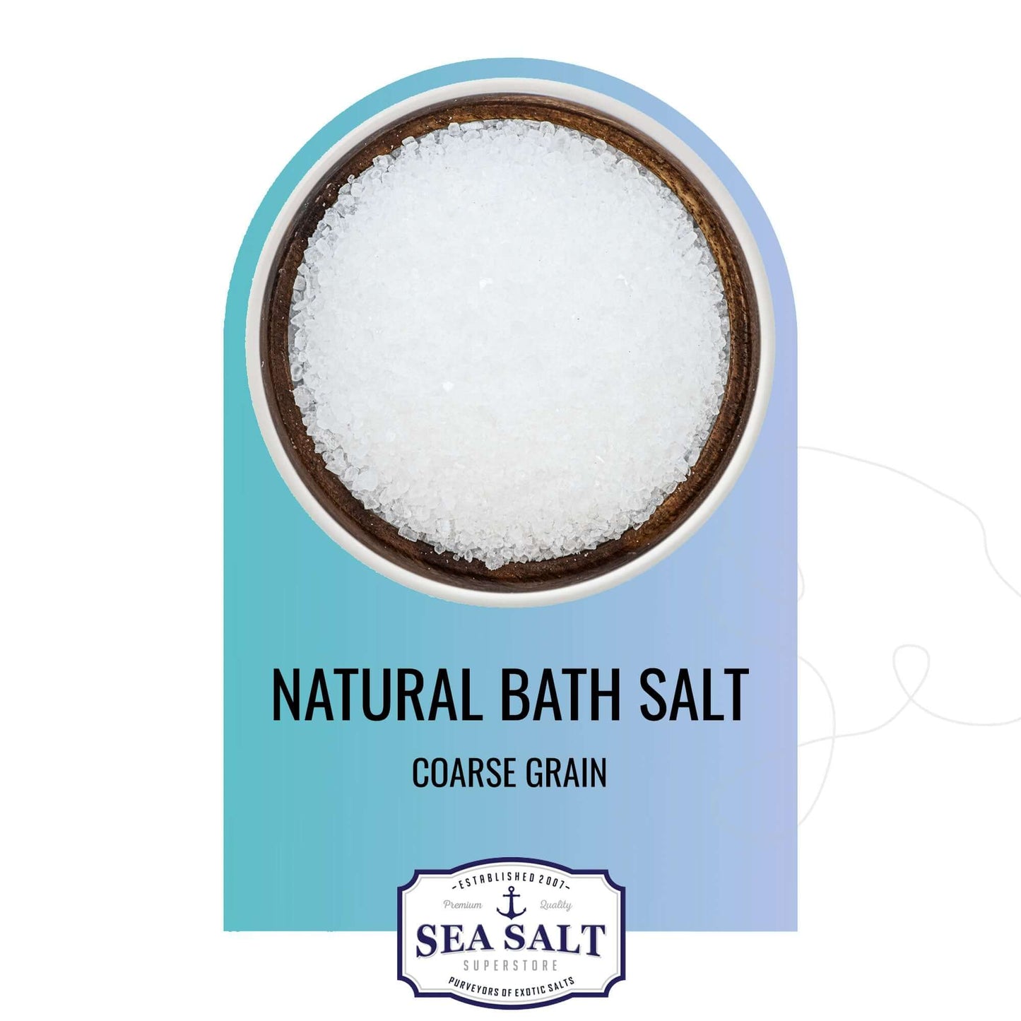 Natural Bath Salt - Coarse Grain in a round wooden bowl, perfect for bath and beauty applications.