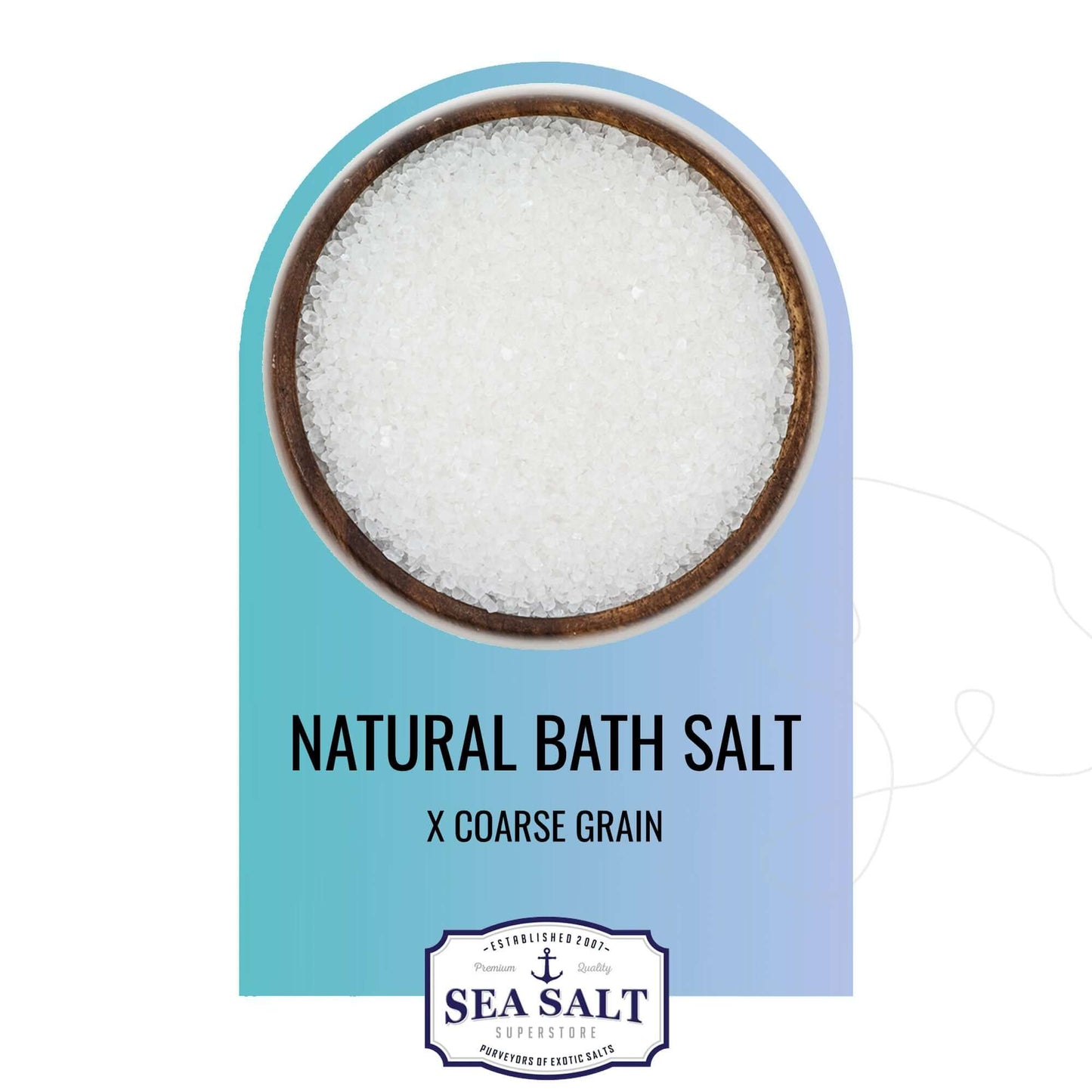 Natural Bath Salt - Extra Coarse Grain in a wooden bowl on a blue background, ideal for bath and cosmetic use.