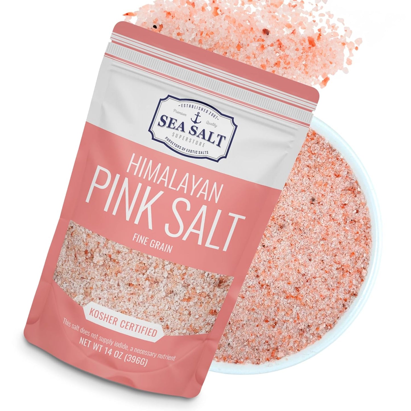 Pink Himalayan Fine - 14 oz Pouch with fine grain salt in a resealable bag.