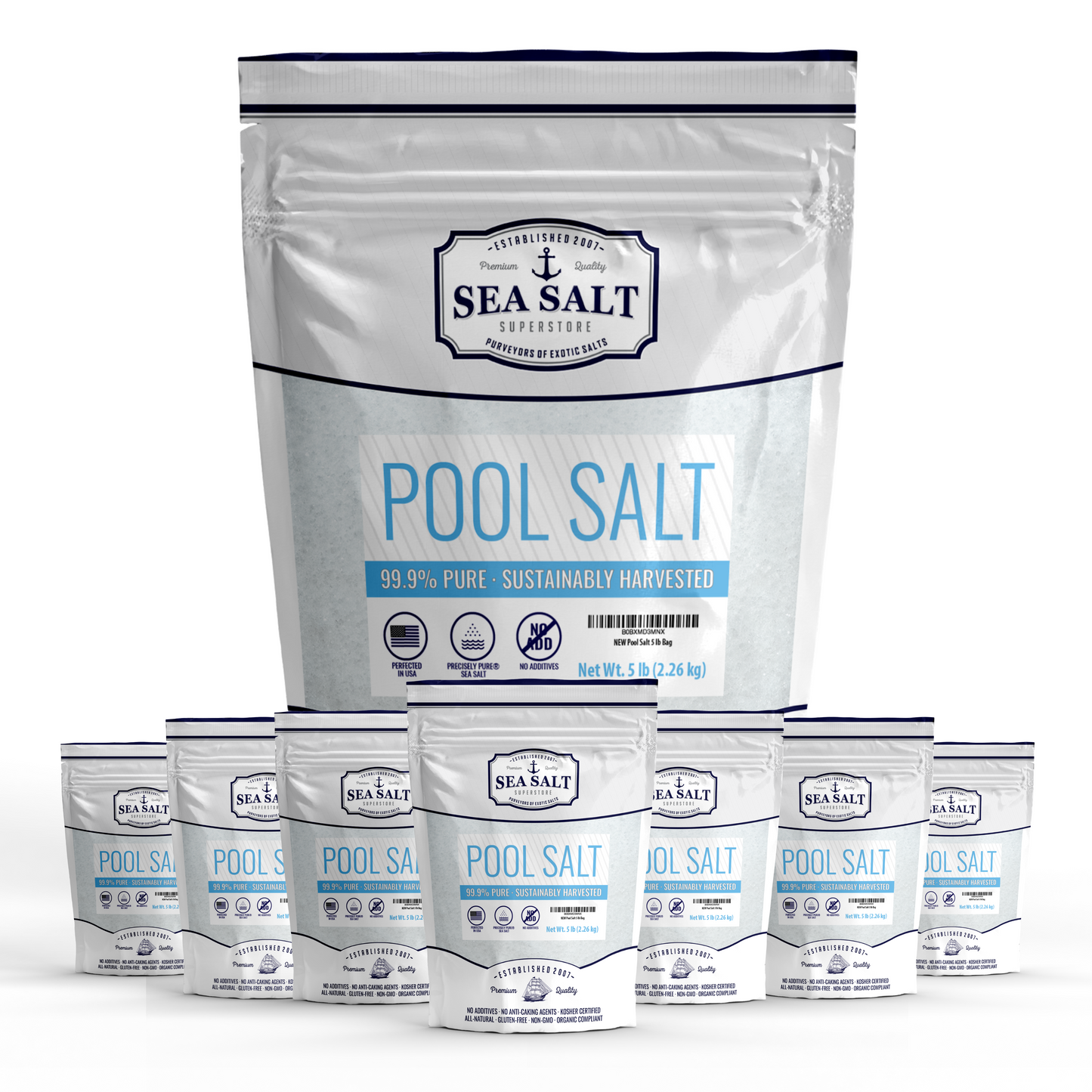Pool Salt 40 lb Box featuring 99.9% pure salt for hot tubs and spas, supporting various salt water systems.