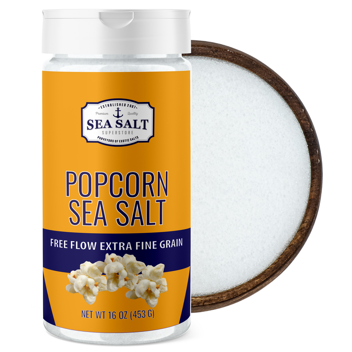 Popcorn Sea Salt - 16 oz Shaker with extra fine grain, perfect for movie nights and snacks.