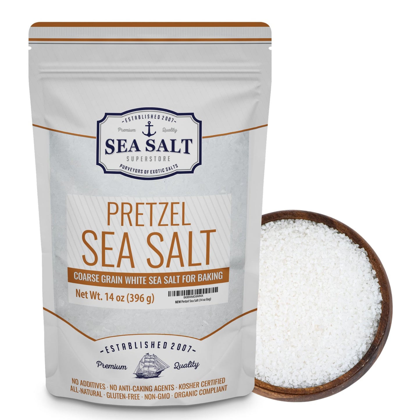 Pretzel Sea Salt 14 oz Pouch featuring coarse grain white sea salt for baking.