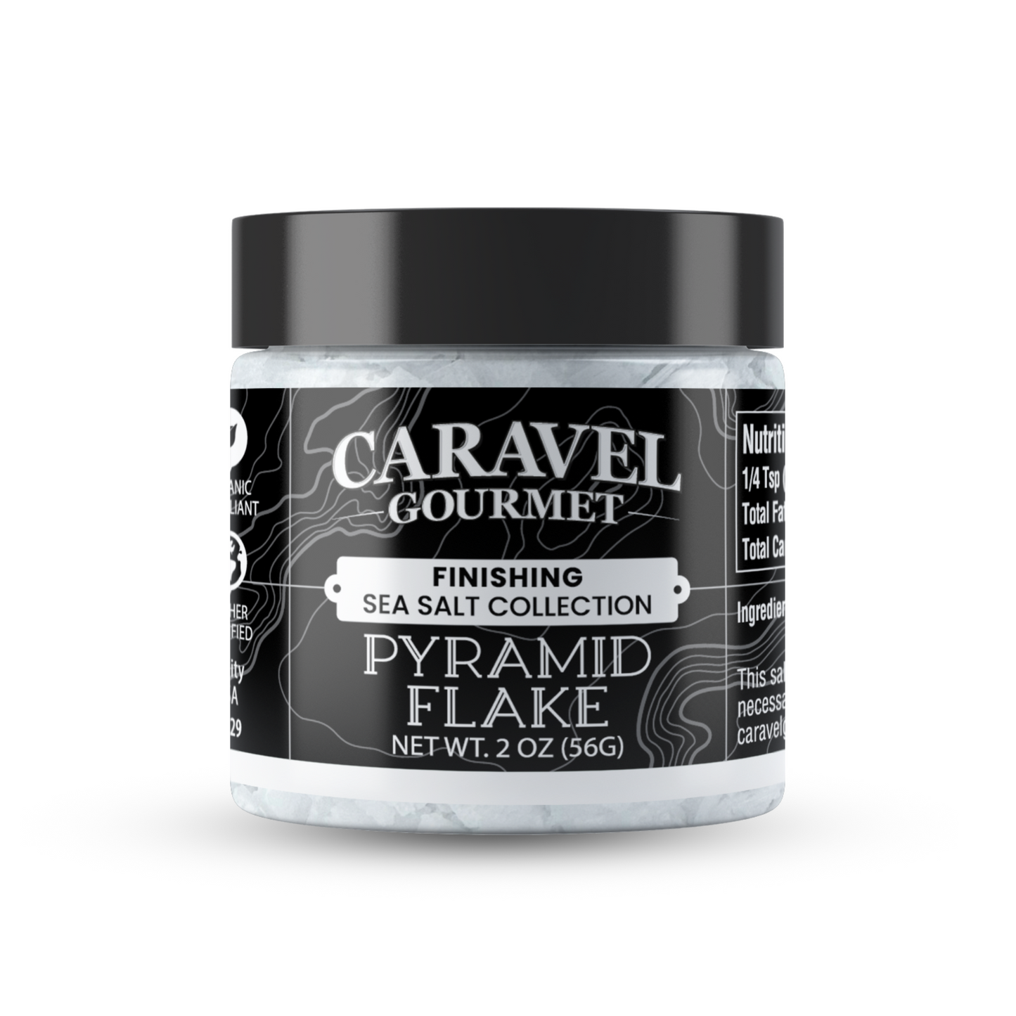 Pyramid Flake Sea Salt - Chef Jar by Caravel Gourmet, 2 oz container of finishing sea salt with pyramid flakes.